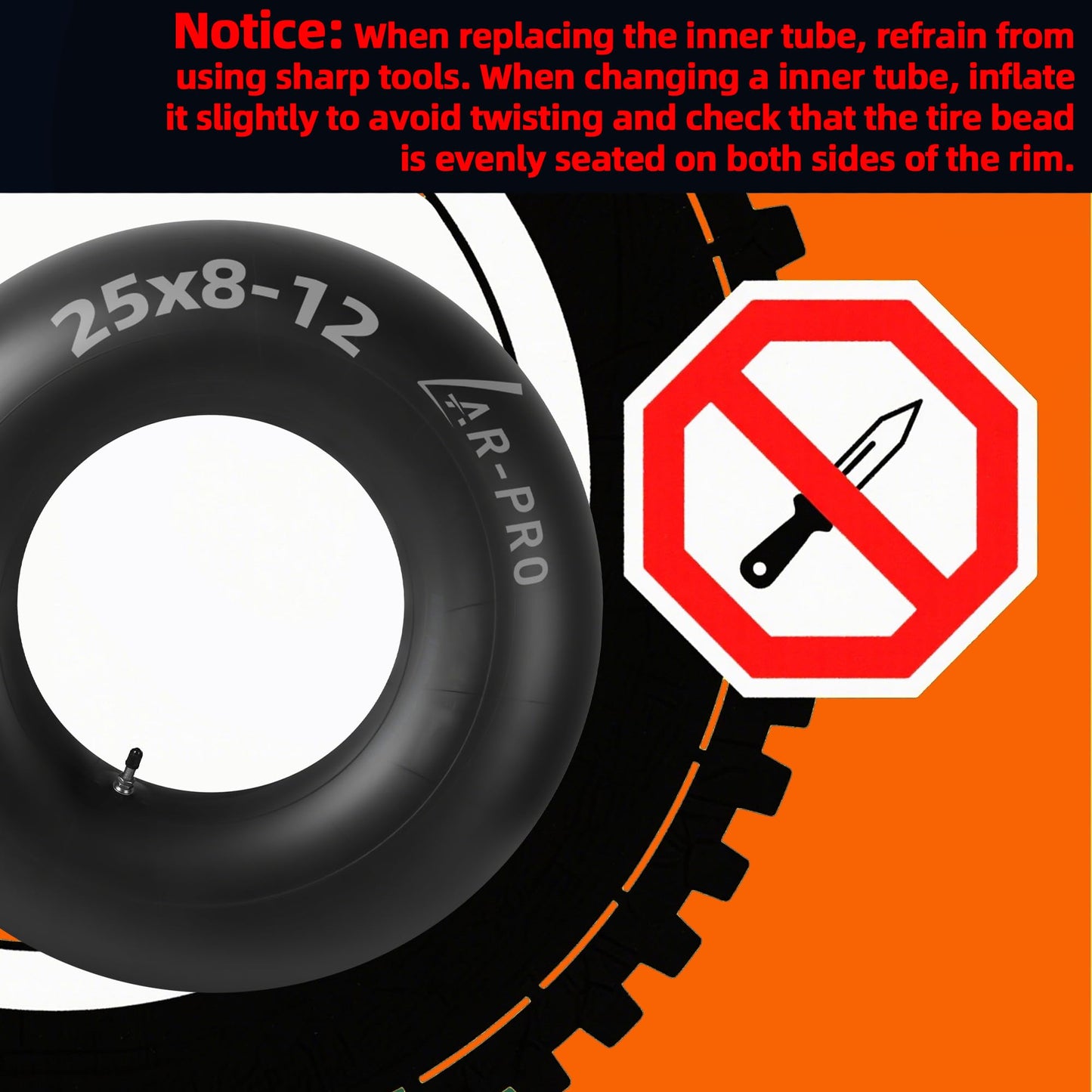 AR-PRO Heavy-Duty 25x8-12 Inner Tubes Universal 25x9-12, 25x10-12 for ATV/UTV, Lawn Tractor, Golf Cart, Snow Blowers, and More - With TR6 Metal Valve Stems - Made from Durable Butyl Rubber (2-Pack)
