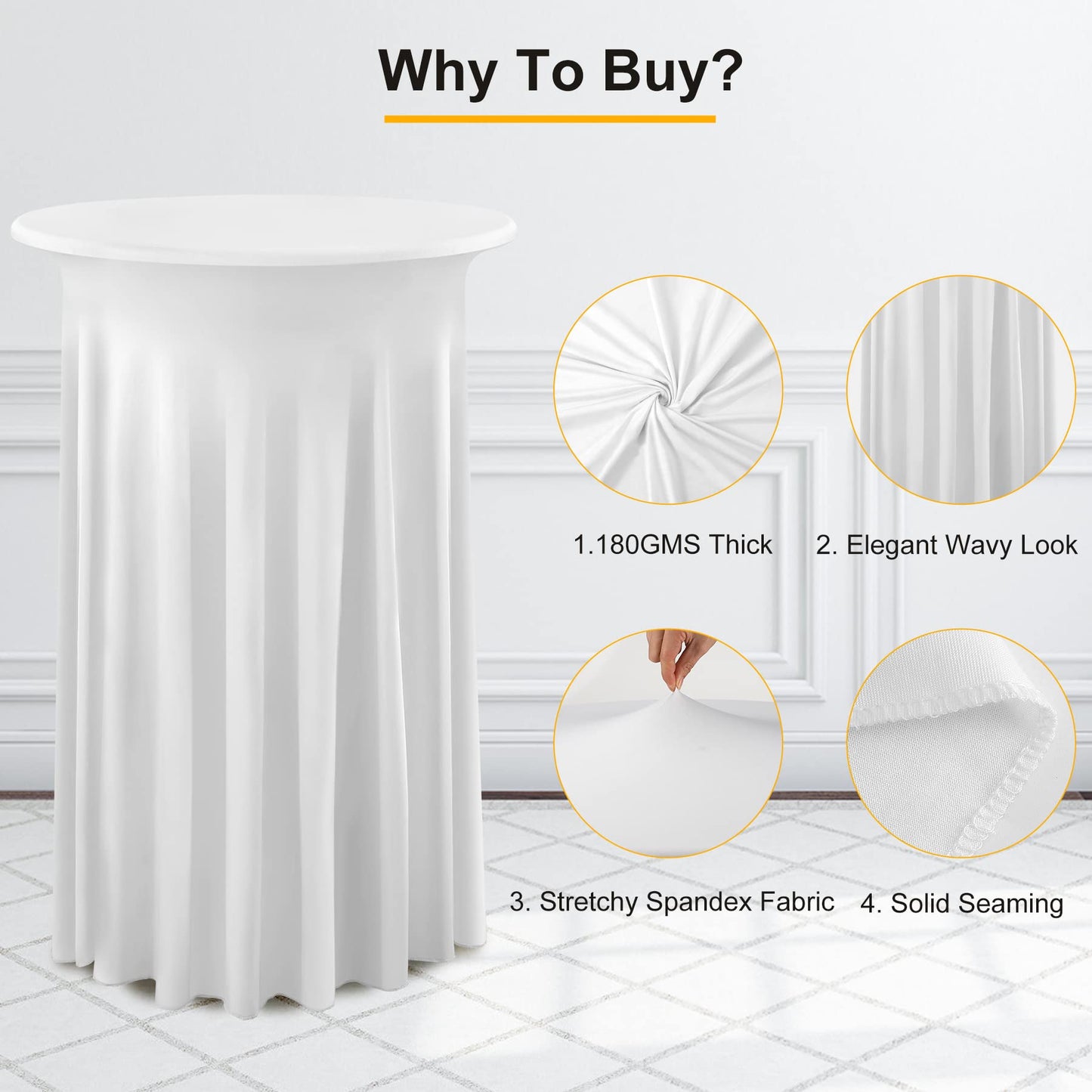 6 Pack 32×43 Inch White Spandex Coctail Table Cloth,Wrinkle Free Stretch Cocktail Table Covers with Wavy Skirt, High Top Highboy Bar Round Cocktail Tablecloths for Party Birthday Wedding Banquet