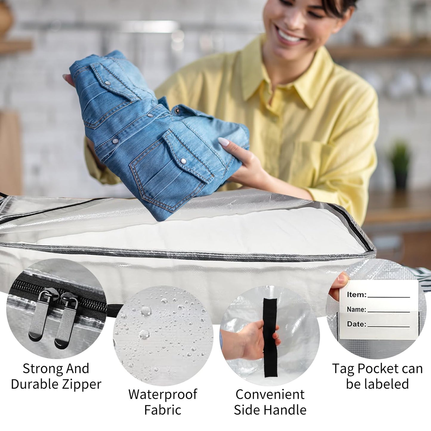 STEUGO 6-Pack Large Moving Bags Heavy Duty, 95L Moving Boxes Alternative Storage Totes with Zipper, Waterproof Packing & Storage Bags for Clothes, College Supplies and Home Organization, Clear