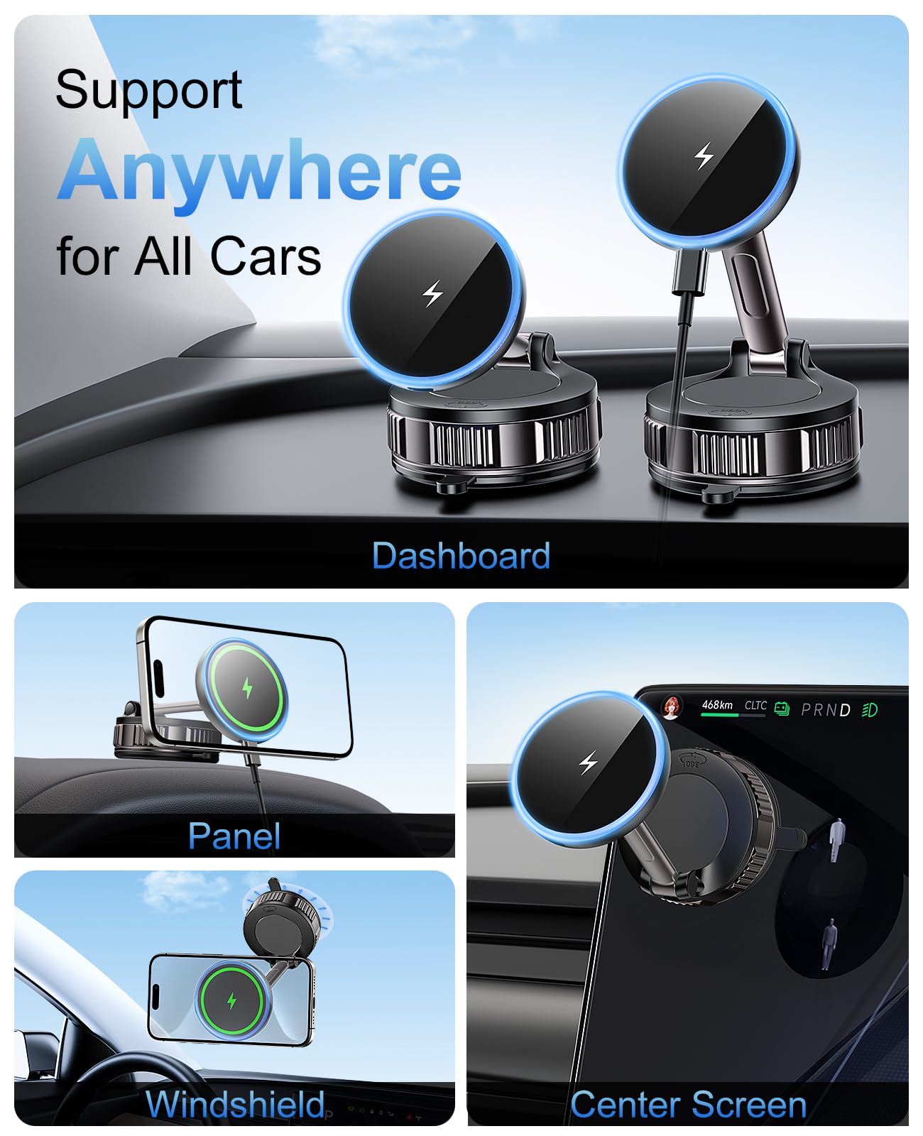 15W for MagSafe Car Mount Charger, Magnetic Wireless Car Charger, Strongest Vacuum Suction & Strongest Magnetic, 360° Adjustable Car Phone Holder Mount for iPhone 17 16 15 14 13 12 Series, Samsung S26