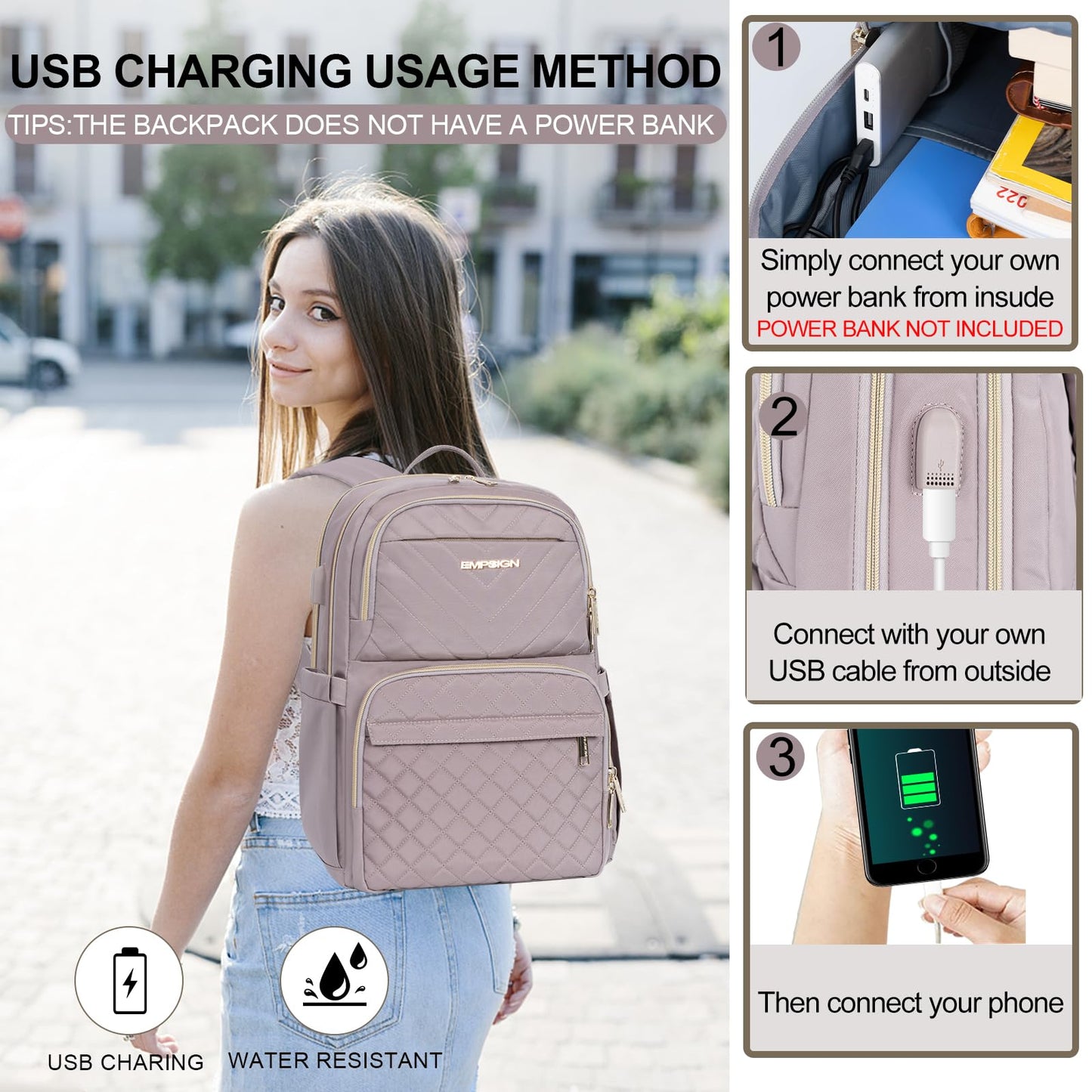 EMPSIGN Laptop Backpack Purse for Women and Men with USB Charging Port, 15.6 Inch Travel Water Resistant Quilted Backpack, High-Capacity 30L Work Business Computer Backpack, Quilted Grey Pink