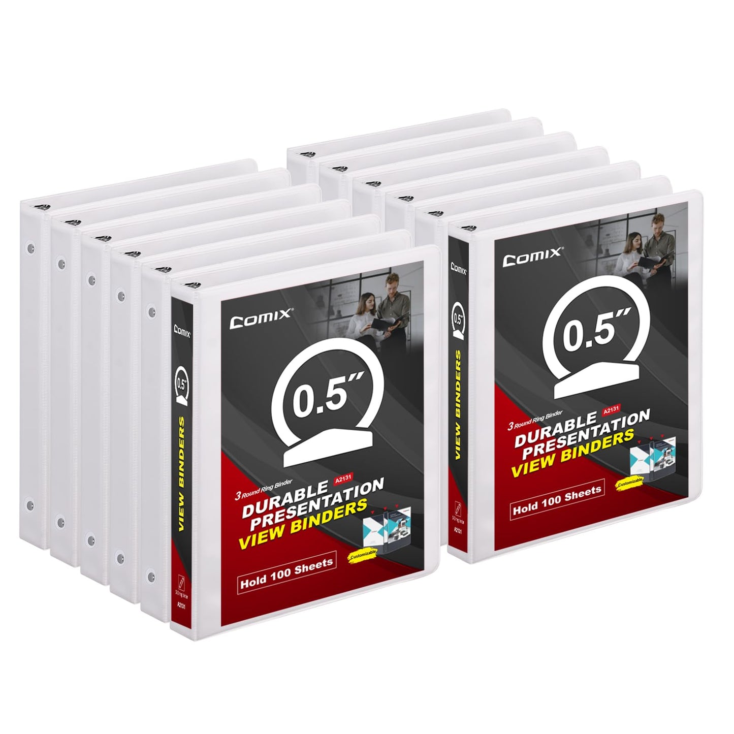 COMIX Sturdy 3 Ring Binder 0.5 inch with Clear View Cover, 1/2" Round Ring View Binder, PVC-Free, 2.4mm-Thick, 100 Sheets Capacity of US Letter Size Paper, Office ＆ School Supplies, Pack of 12 (White)