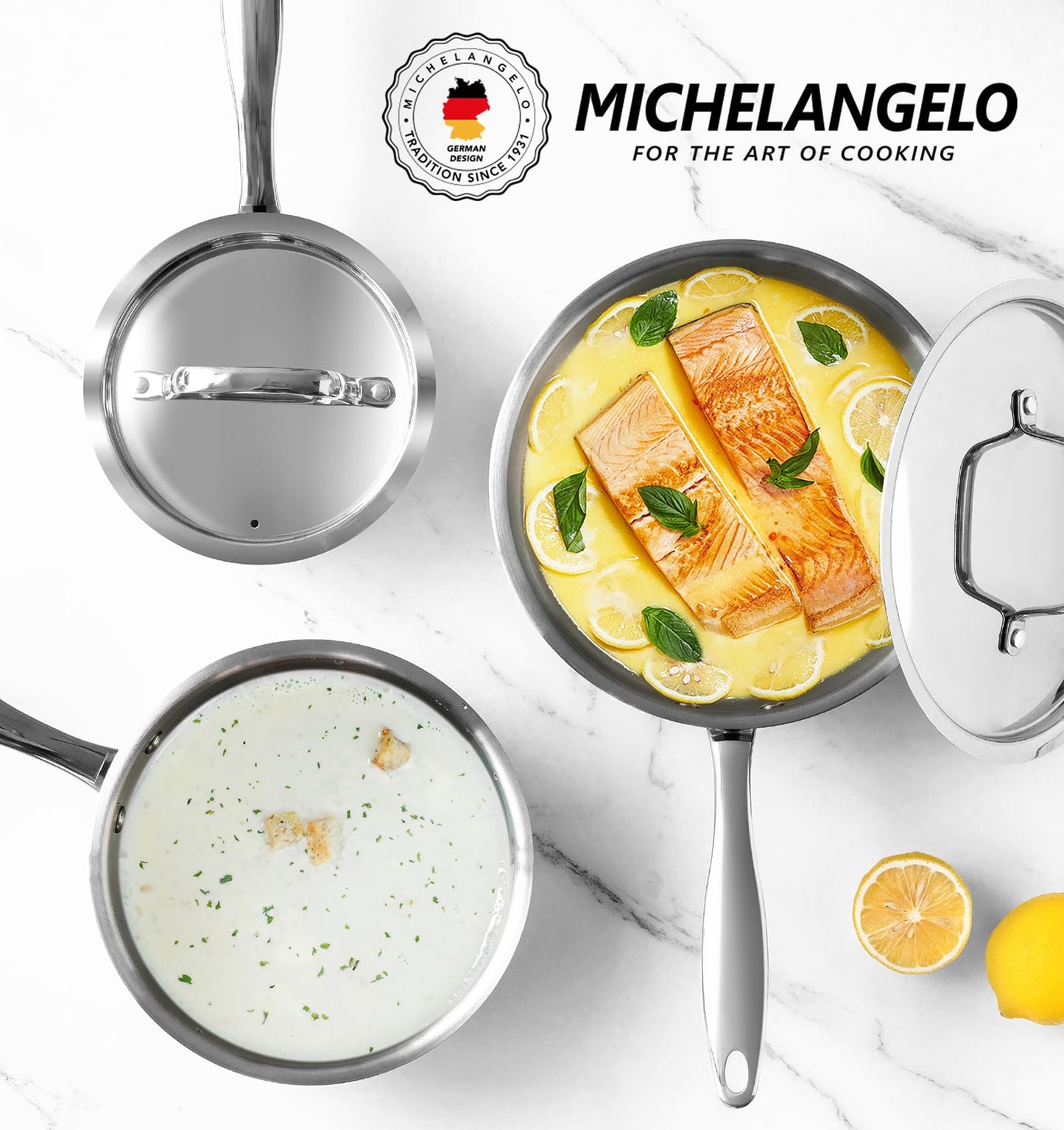 MICHELANGELO Stainless Steel Saucepan Set with Stainless Lids, Tri-Ply Bottom Sauce Pan with Lid, Sauce Pot Set 1QT & 2QT, Nonstick Saucepan, Dishwasher Safe