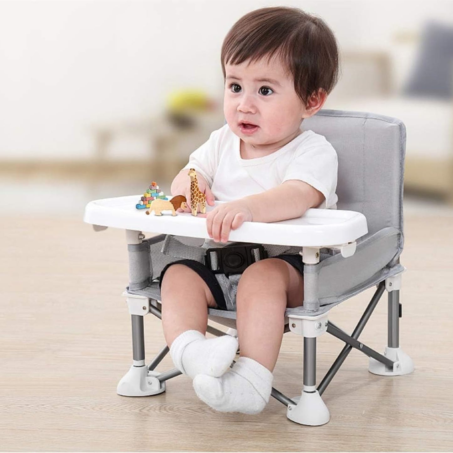 Portable Baby Booster Seat with Removable travel Compact Folding Eating Camping Beach High Chair Baby Seat Floor Seat Indoor Outdoor oddlers Kids Boys Girls (grey)
