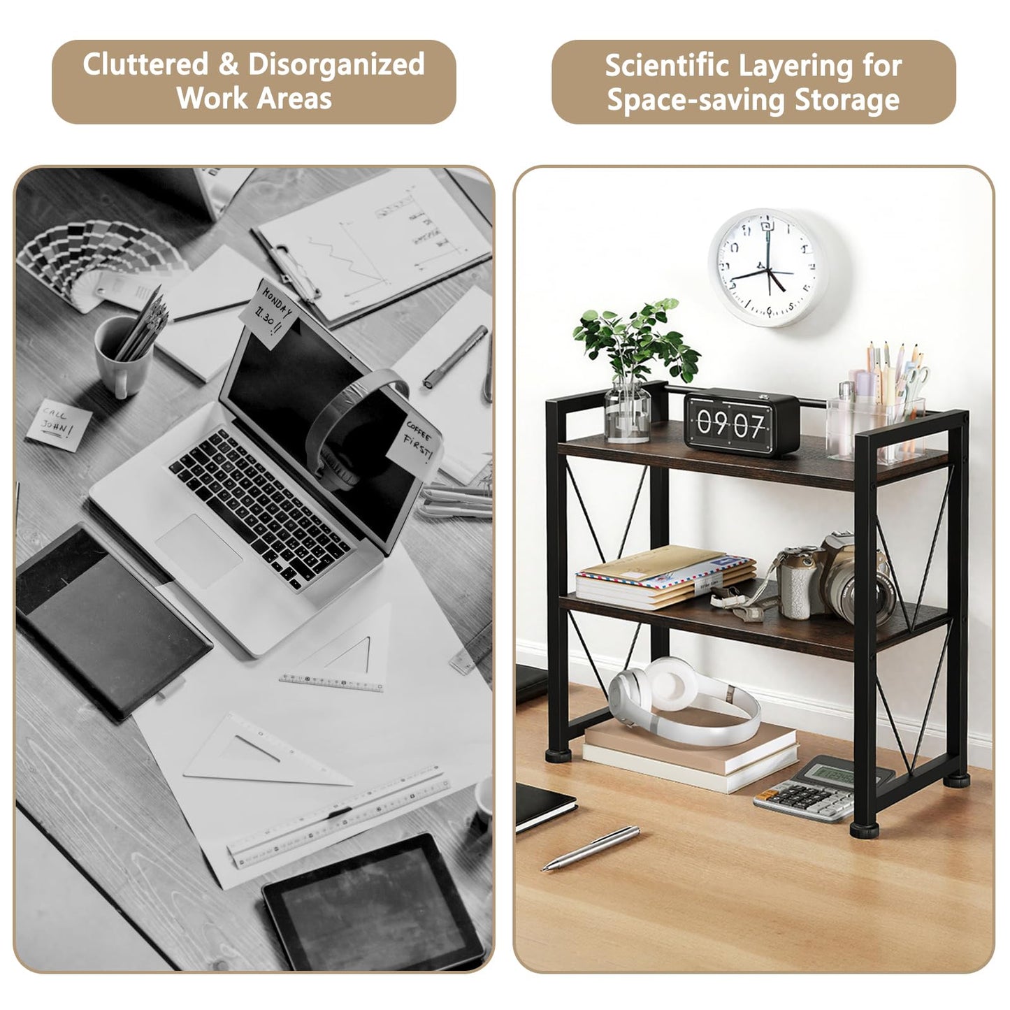 VSIWB Desktop Organizer Shelf, 2 Tiers Desk Organizers and Storage, Countertop Organizer Desktop Bookshelf, Metal and Wooden Desk Storage Shelf, Desk Shelf for Home Office Coffee Bar Bedroom Kitchen