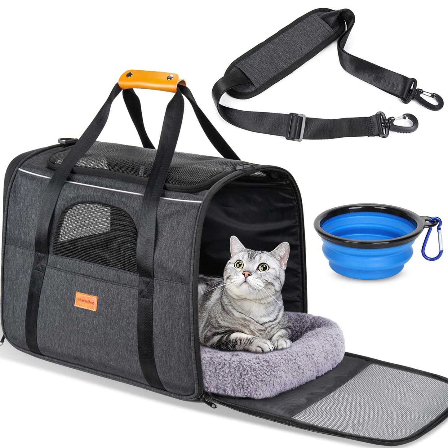 Morpilot Cat Carrier - Soft Sided Cat Carrier Large for Big Medium Cats and Puppy up to 18lbs, Pet Carrier with Safety Zippers, Foldable Bowl, Airline Approved Large Dog Carrier - Dark Gray