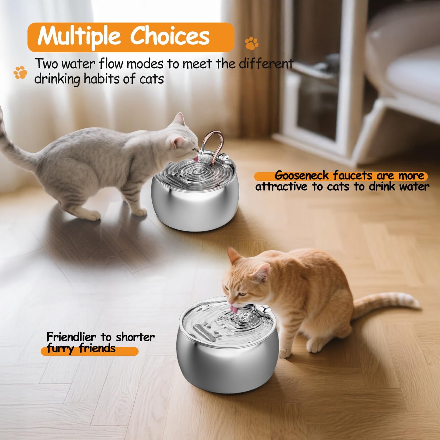 Cat Water Fountain Stainless Steel: 2.5L/84oz Water Fountain Indoor Cat - Gooseneck Pet Water Fountain - Quiet Automatic Pet Water Dispenser - Kitty Spout Water Fountain - WEPOIU