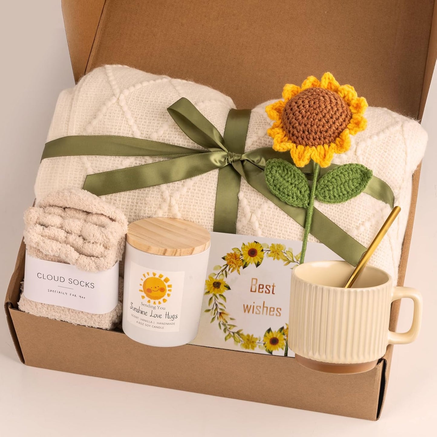 Cozy Blanket Gift Basket for Women, Sunflower Set with Throw Blanket Mug Socks Scented Candle, Birthday Mother's Day Christmas Anniversary Get Well Soon Gift for Her Friend Mom Sister Wife