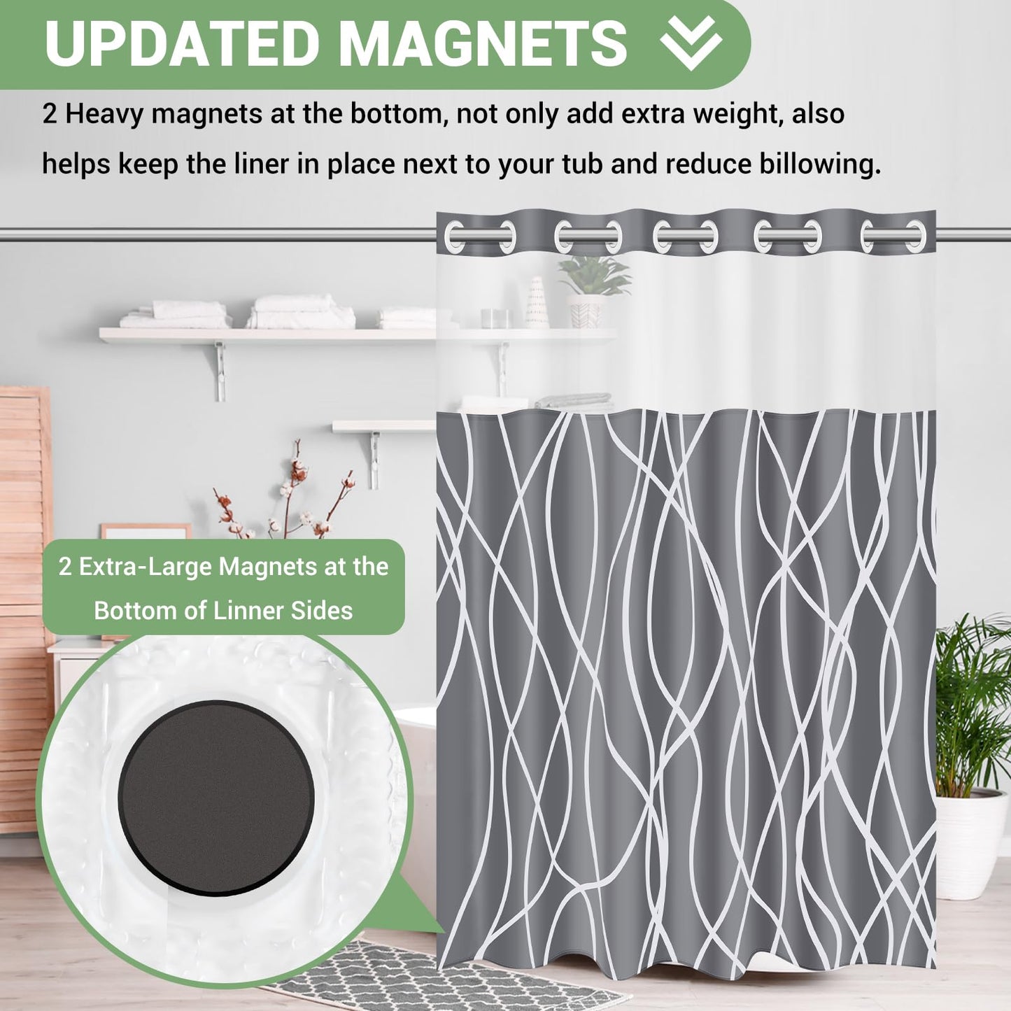 ECUCM Shower Curtain with Snap in Liner for Bathroom Bathtubs, Removable Shower Curtain Liner with 2 Magnets, Polyester Waterproof Soft Liner with See Through Mesh Top Window, (Grey, 71" W X 74" H)