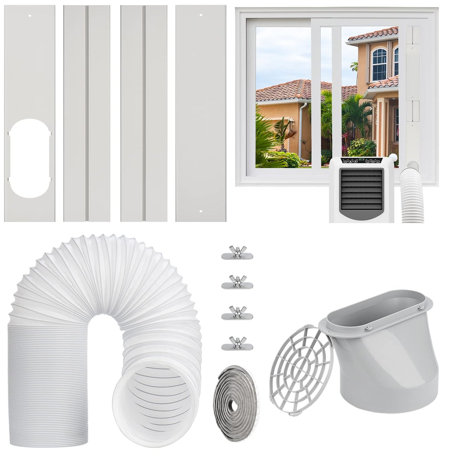 Estoder Portable AC Window Vent Kit with 5.9” Exhaust Hose & Coulper, Universal Window Seal for Portable Air Conditioner, Adjustable AC Duct Kit for Sliding Horizontal & Vertical Windows
