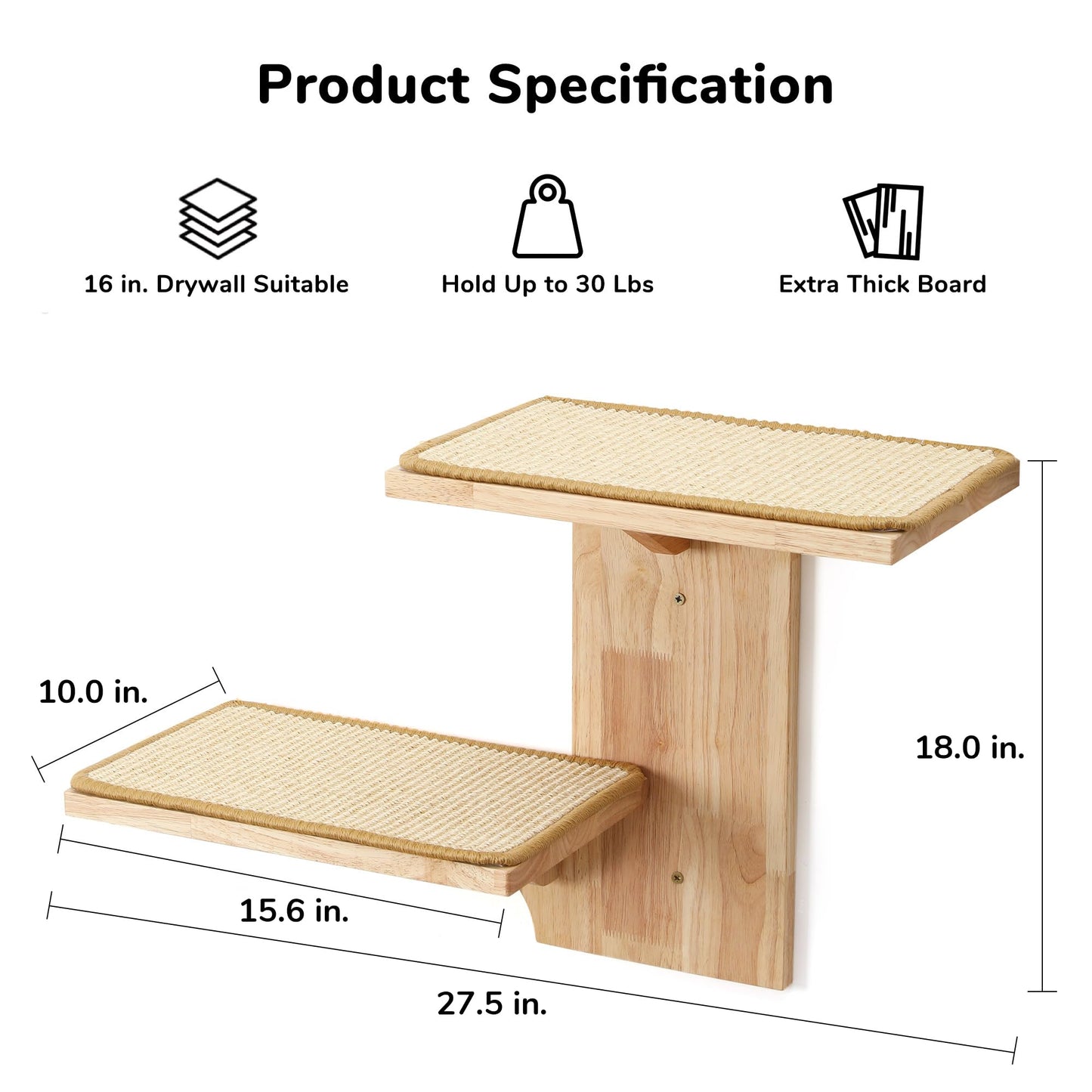 FUKUMARU Cat Wall Shelves, 2 Platform Cat Wall Furniture, Tree Shape Wall-Mounted Cat Floating Shelf with Sisal Mat, Solid Rubber Wood Cat Perch for 16 Inch Drywall, Suitable for Climb, Play, NapQQ