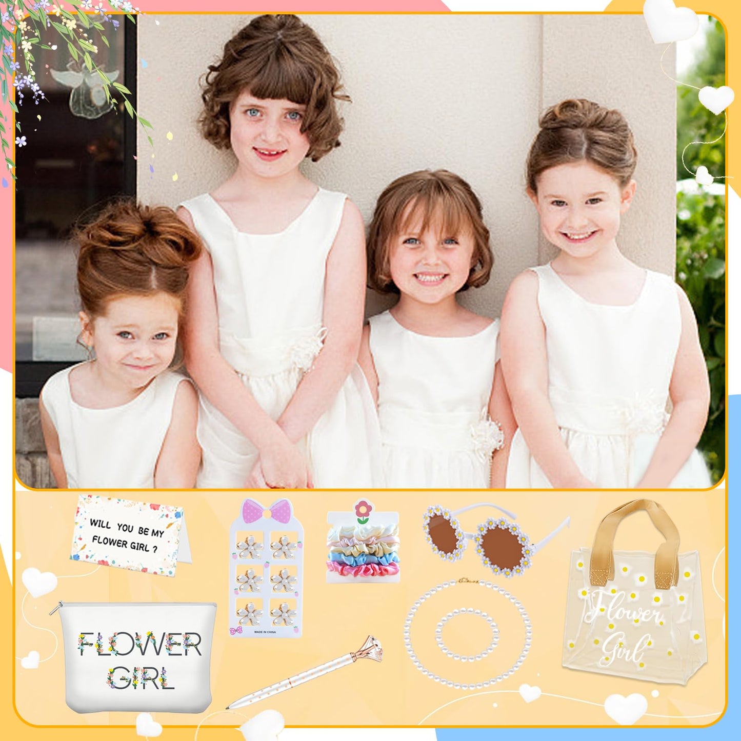 28Pcs Flower Girl Proposal Gift Set - 2 Bags Including Round Flower Sunglasses, Canvas Bag, Pearl Necklace, Bracelet, Hair Accessories, Satin Scunchies, Diamond Pen for Wedding, Bridal Shower