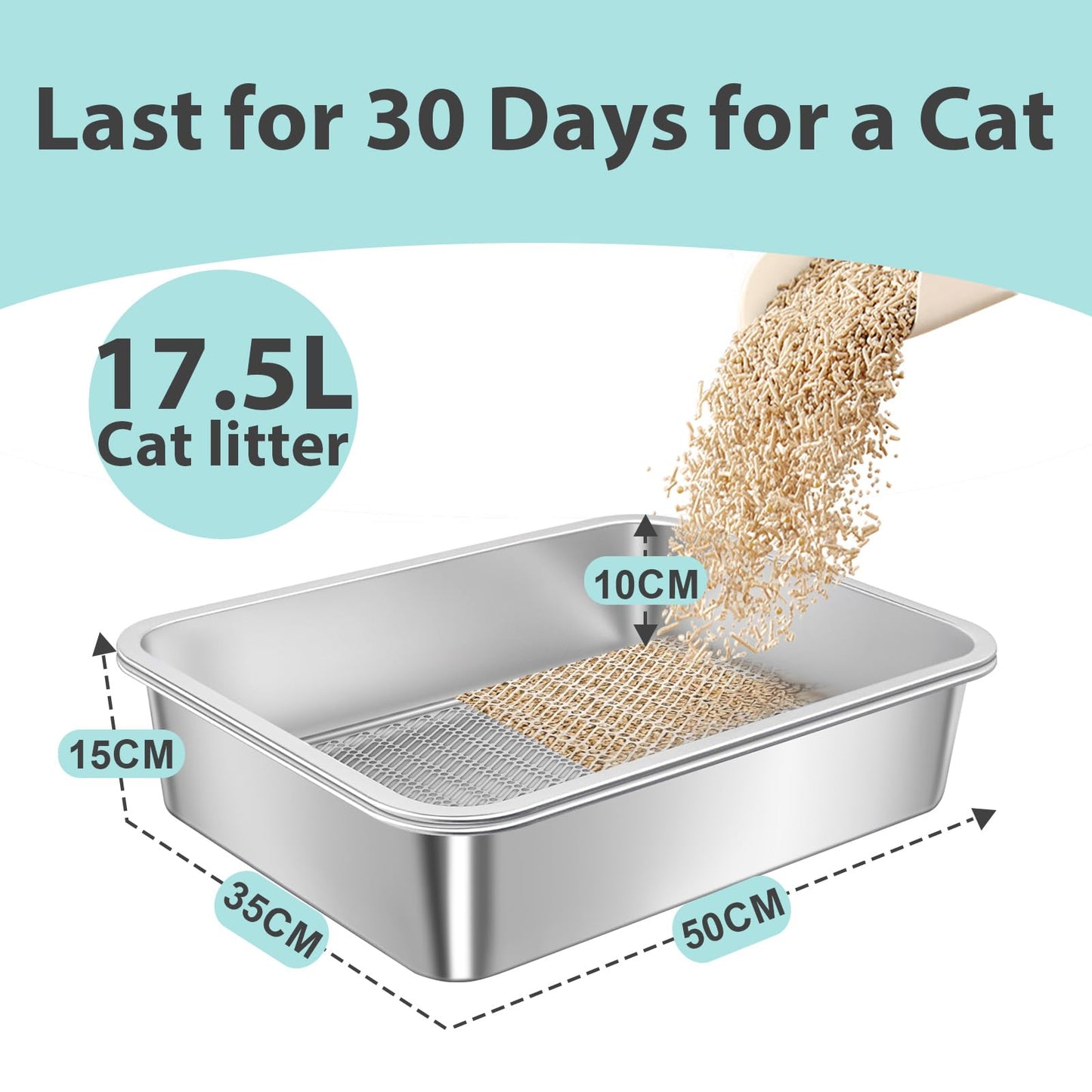 Amibud Stainless Steel Sifting Litter Box for Wood Pine Pellets,50cm Lx 35cm W x 15cm H Extra Large XL Metal Pellet Sifter Litter Pan System for Easy Cleaning Odor Control, Sifting Box Liners & Scoop