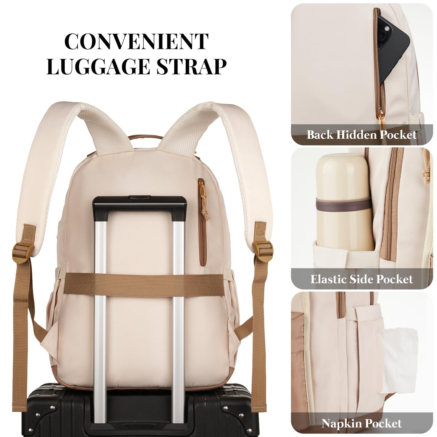 WINDARS School Backpack for Teens Girls, Aesthetic College Backpack Large Bookbag for Women Students Fashion 17.3 Inch Laptop Bag for Work Travel (Khaki Beige)