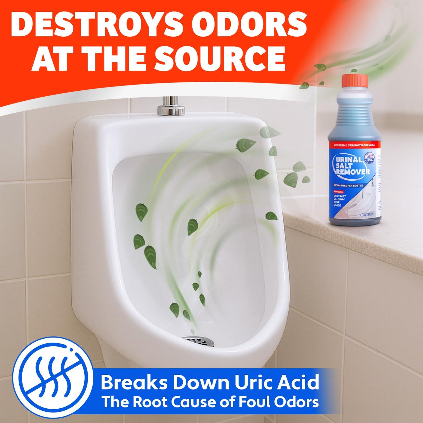Escentile Urinal Salt Remover – Dissolves Uric Acid, Made in USA | Rust & Hard Water Scale | Drain Opener for Toilets & Urinals | Odor Control Cleaner Safe on Pipes, Porcelain, Stainless Steel – 32oz