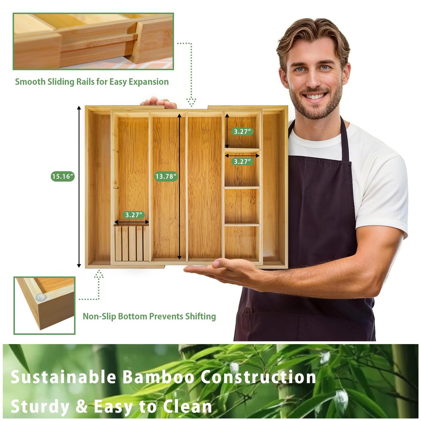 KWASVLYA Bamboo Expandable Drawer Organizer with Removable Dividers, 15"-22" Adjustable Tray for Kitchen Utensils, Makeup & Office Storage
