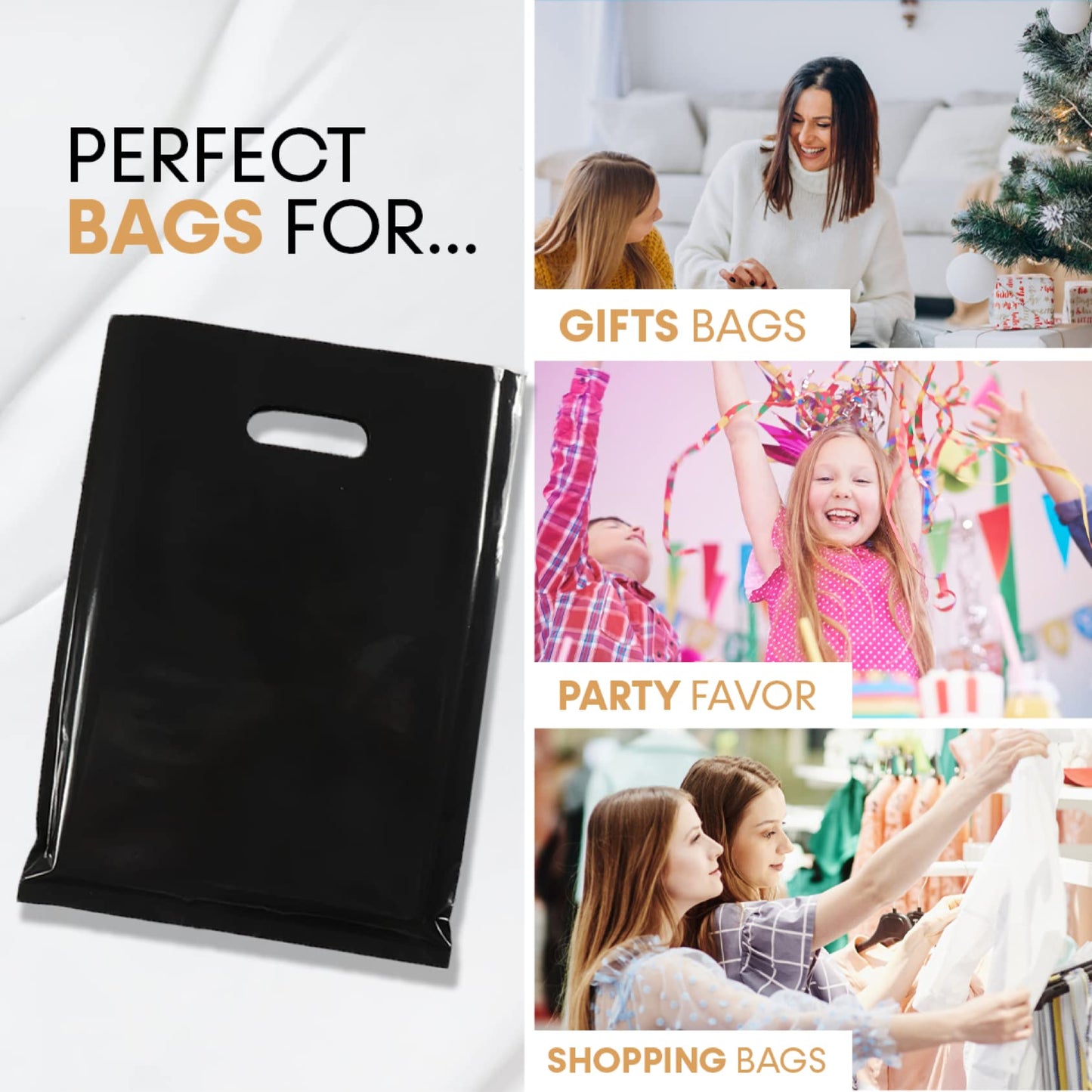 BLACK PLASTIC MERCHANDISE STORE BAGS, different sizes 9"x12", 12"x15", 15"x18" PACKS of 100/200/500 Retail Product Bags I 100% Recyclable (200, 15"x18)