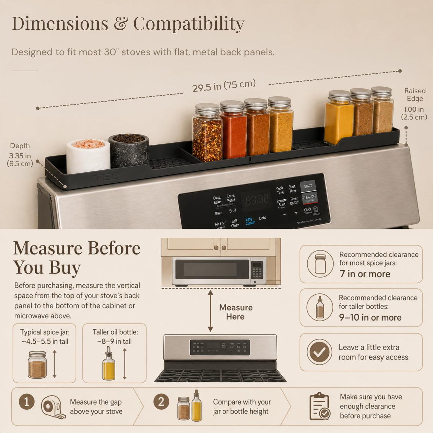 TEO Magnetic Stove Top Shelf - 30 Inch Silicone Over the Stove Spice Rack for Kitchen Gadgets Storage Organization, Heat-Resistant, No Installation, Dishwasher Safe, Over Oven Shelf Black