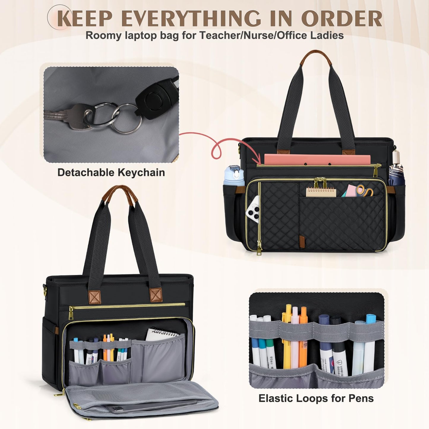 SDYSM Teacher Tote Bag 15.6 Inch Laptop Bag for Women Large Work Bag Teacher Nurse Bag Professional Computer Messenger Laptop Briefcase Handbag for Nursing, Office, College, Black