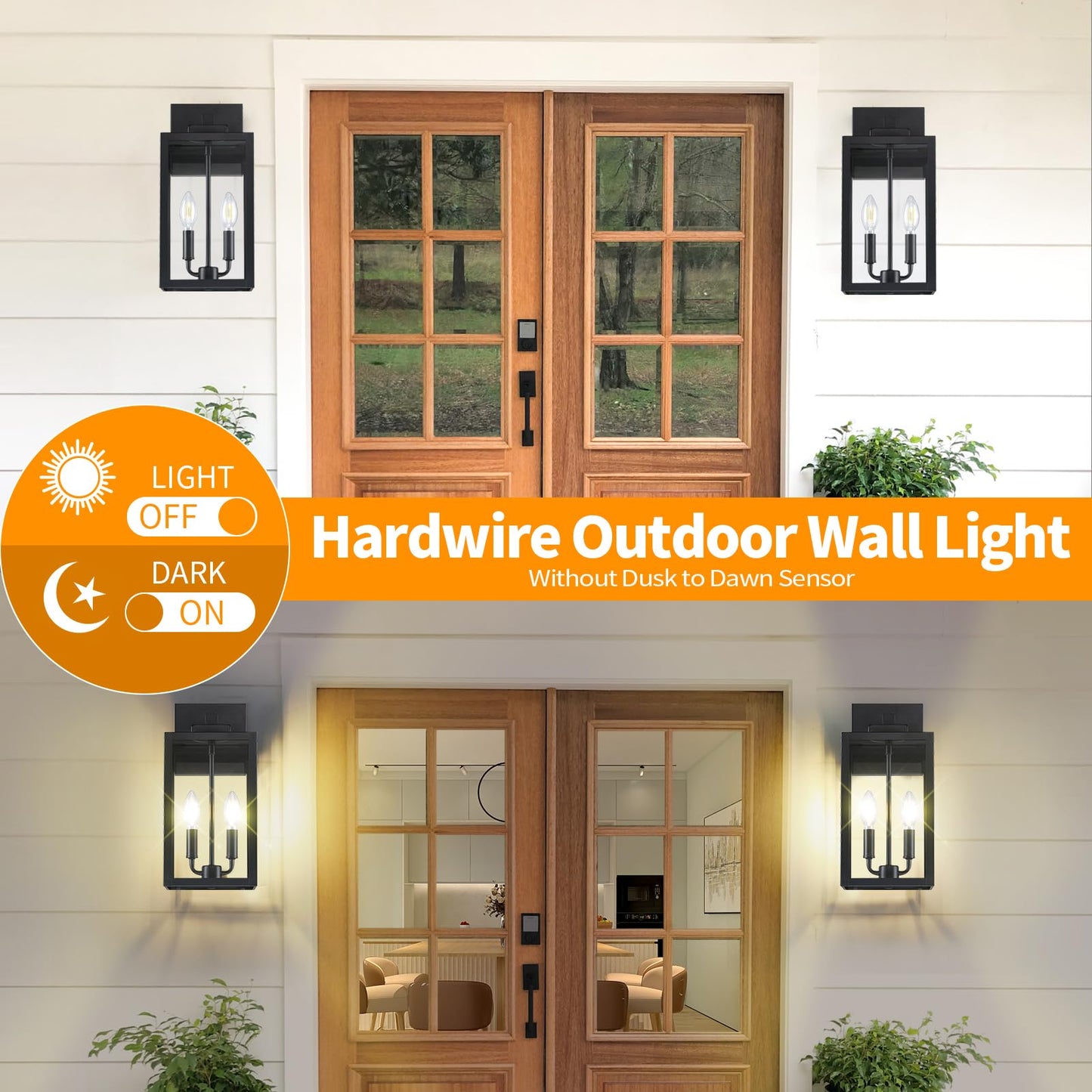 15.5" Black Outdoor Wall Lantern 2-Light, Outside Modern Wall Sconce Light Fixture, Industrial Porch Light Wall Mount with E12 Sockets, Waterproof Exterior Lamp Lighting, 1 Pack