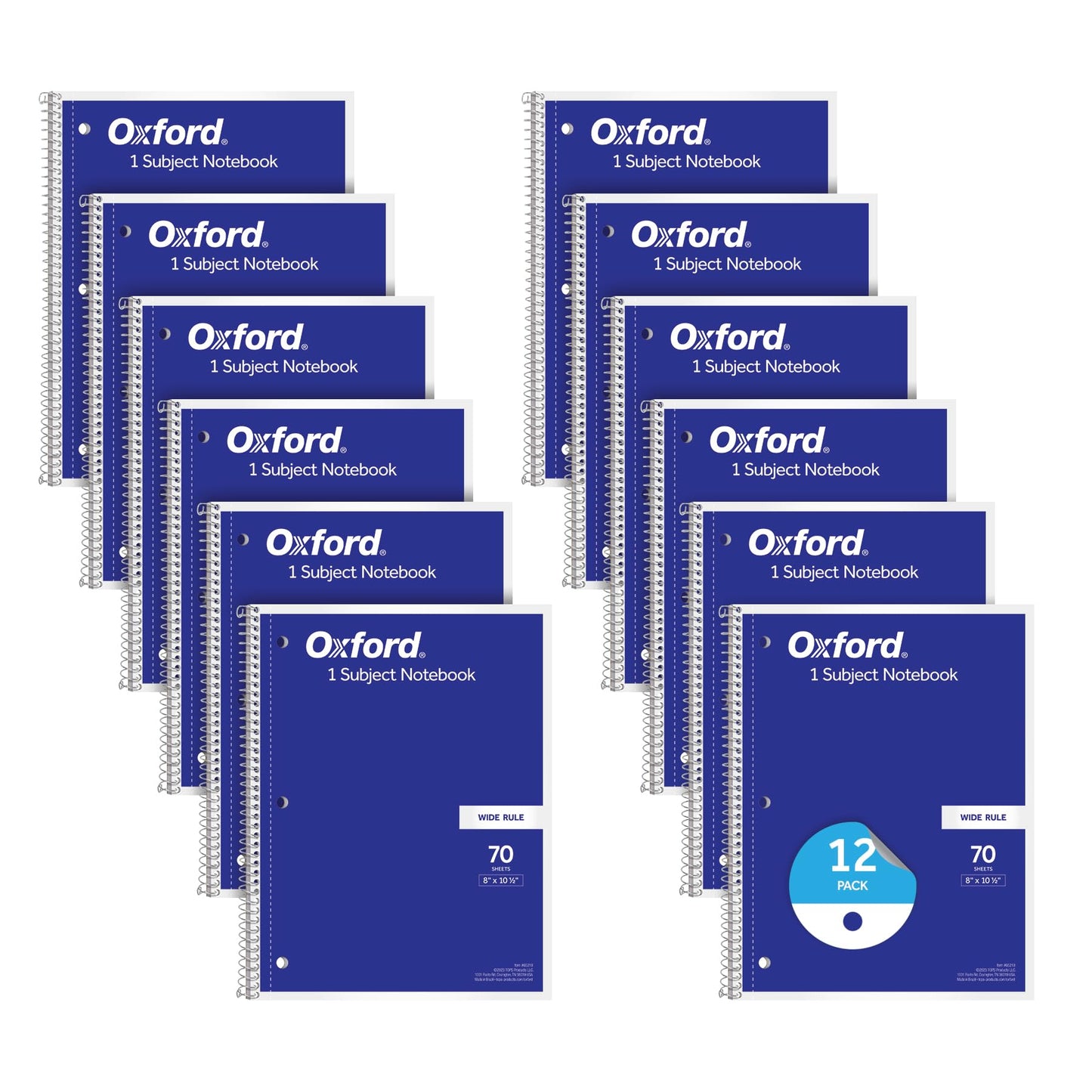 Oxford Spiral Notebook 12 Pack, Bulk College Ruled Spiral Notebooks for School, 1 Subject Journal For School, Wide Ruled Paper, 8 x 10-1/2 Inch, Blue Covers, 70 Perforated Lined Sheets (65218)