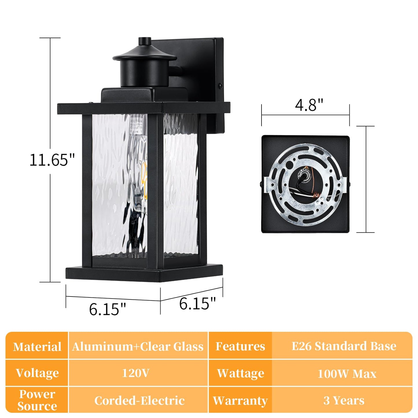 11.65'' Outdoor Light Fixture 2 Pack, Outdoor Wall Lights Exterior Wall Sconce with Water Ripple Glass, Waterproof Porch Light Lantern Wall Mounted, Modern Black Outside Lights for House Patio Garage