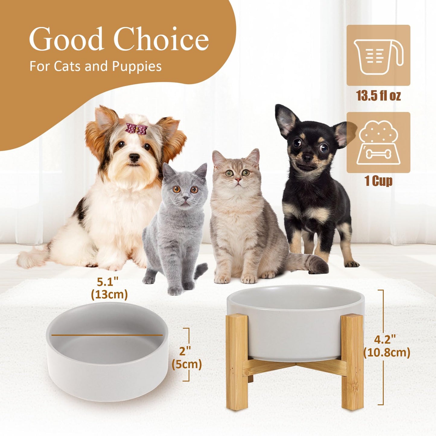 Ceramic Elevated Raised Cat Bowls - Cat Food Dish with Stand - Double Raised Cat Food and Water Bowls Anti Vomiting - Pet Bowl with Anti Slip Rubber pad - Stress Free for Cats and Small Dogs -set of 2