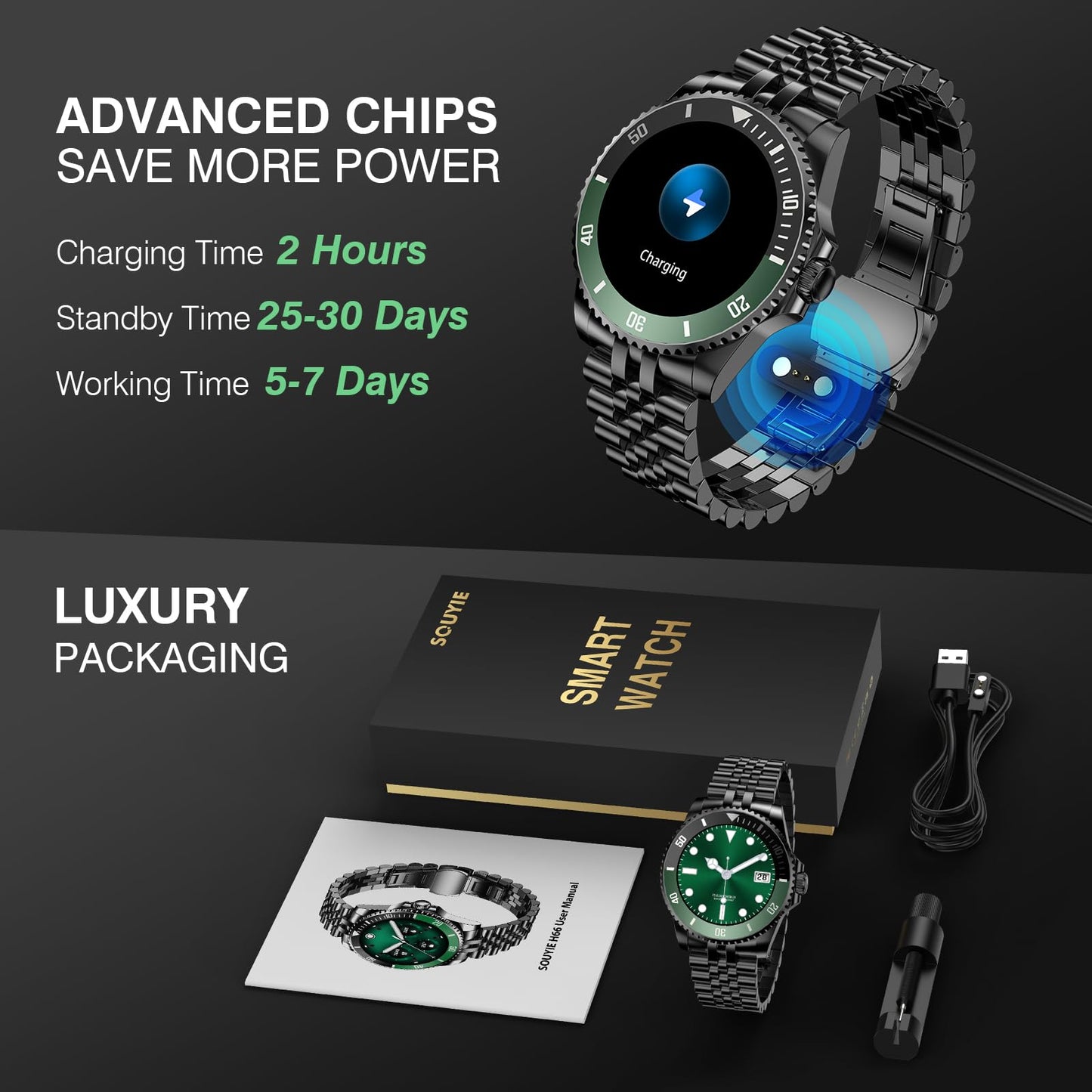 2025 DA GPT Smart Watch with Bluetooth Call, Heart Rate, Stress, Blood Oxygen, Sleep Monitor, 107 Sports Modes, Waterproof Round Watch, 1.19-inch AMOLED Display, Compatible Android and iOS Black Green