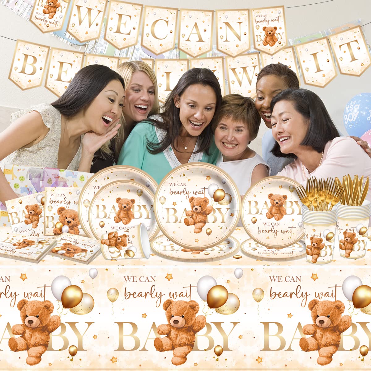 CMUSKO Teddy Bear Baby Shower Decorations - 142Pcs Brown Bear Theme Plates, Napkins, Tableware Set for 20 Guests