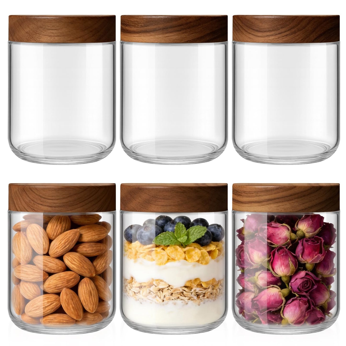 Bumobum 16 oz Overnight Oats Containers with Lids, Glass Mason Jars with Acacia Wood Airtight Lid, Wide Mouth Glass Canisters for Food Storage Chia Pudding Snacks Yogurt Spice Meal Prep, 6-Pack