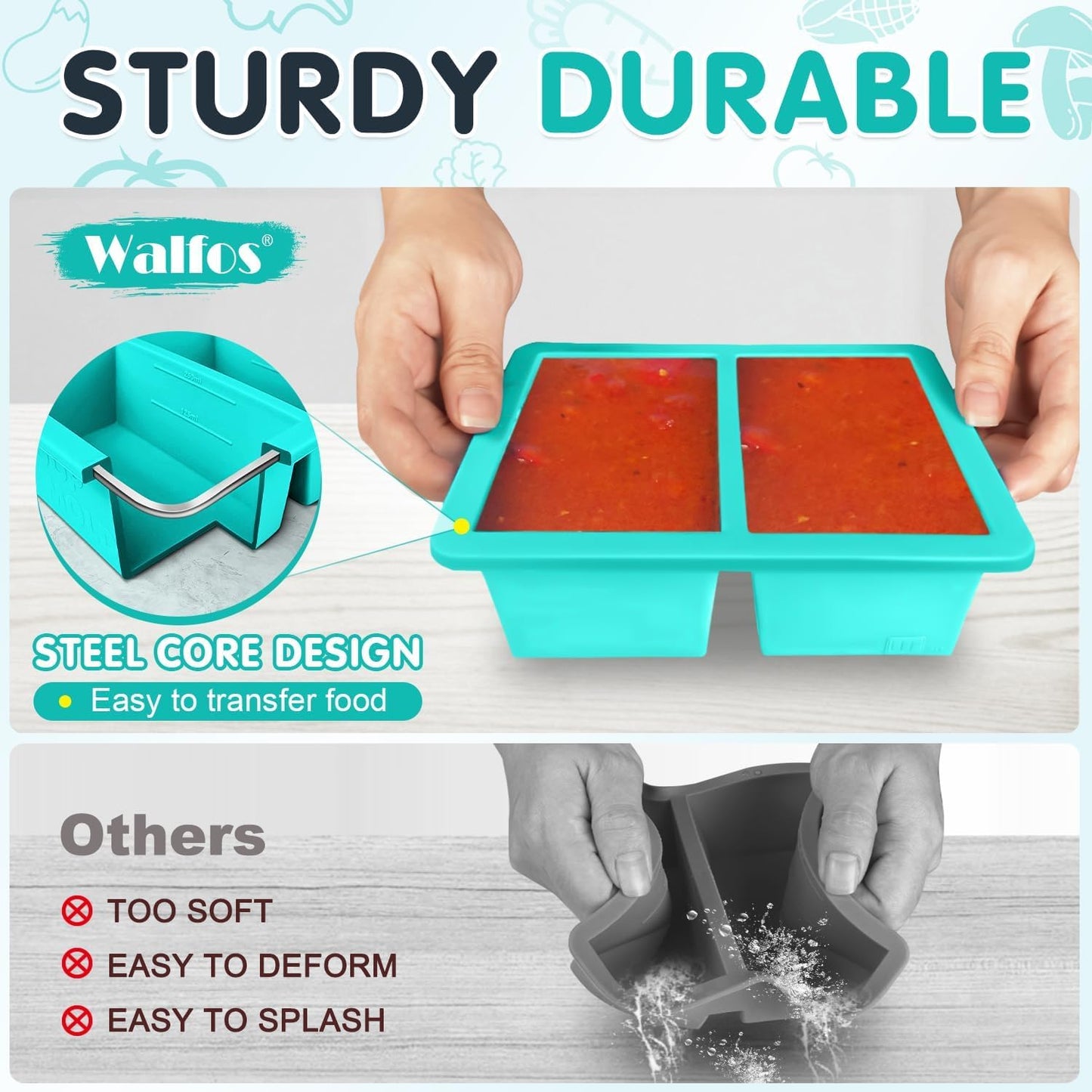 Walfos 1-Cup Silicone Freezer Molds with Lid, 4 Packs Soup Freezer Ice Cube Tray for Food, Silicone Food Freezing Container for Storing and Freezing Soup, Broth, Sauce and Ice.Aqua Color
