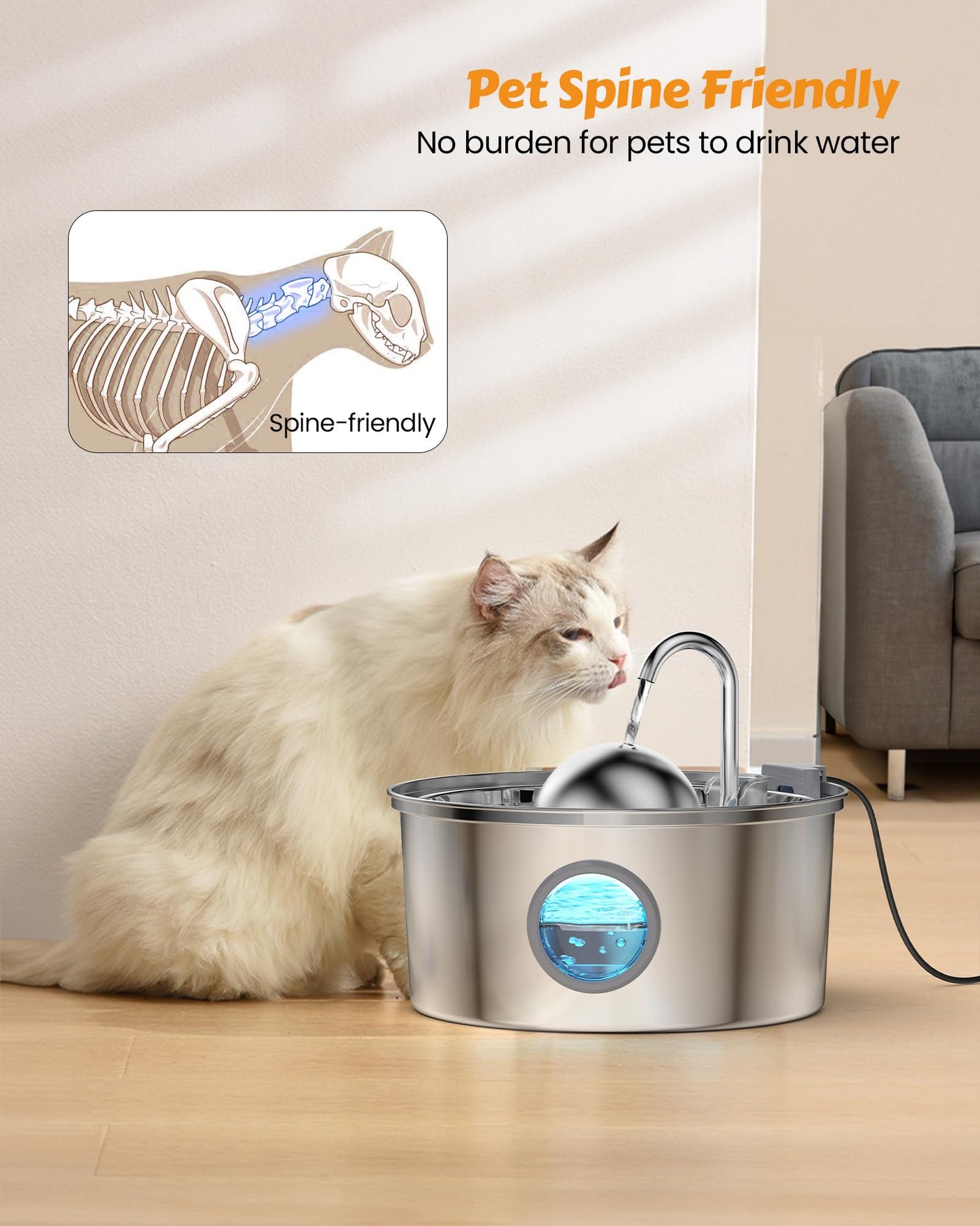 Cat Water Fountain Stainless Steel: cat fountain for Drinking - 3.2L Quiet Pet Watering Bowls for Cats Indoor - Kitten Waterer Supplies - for Small and Medium Animals