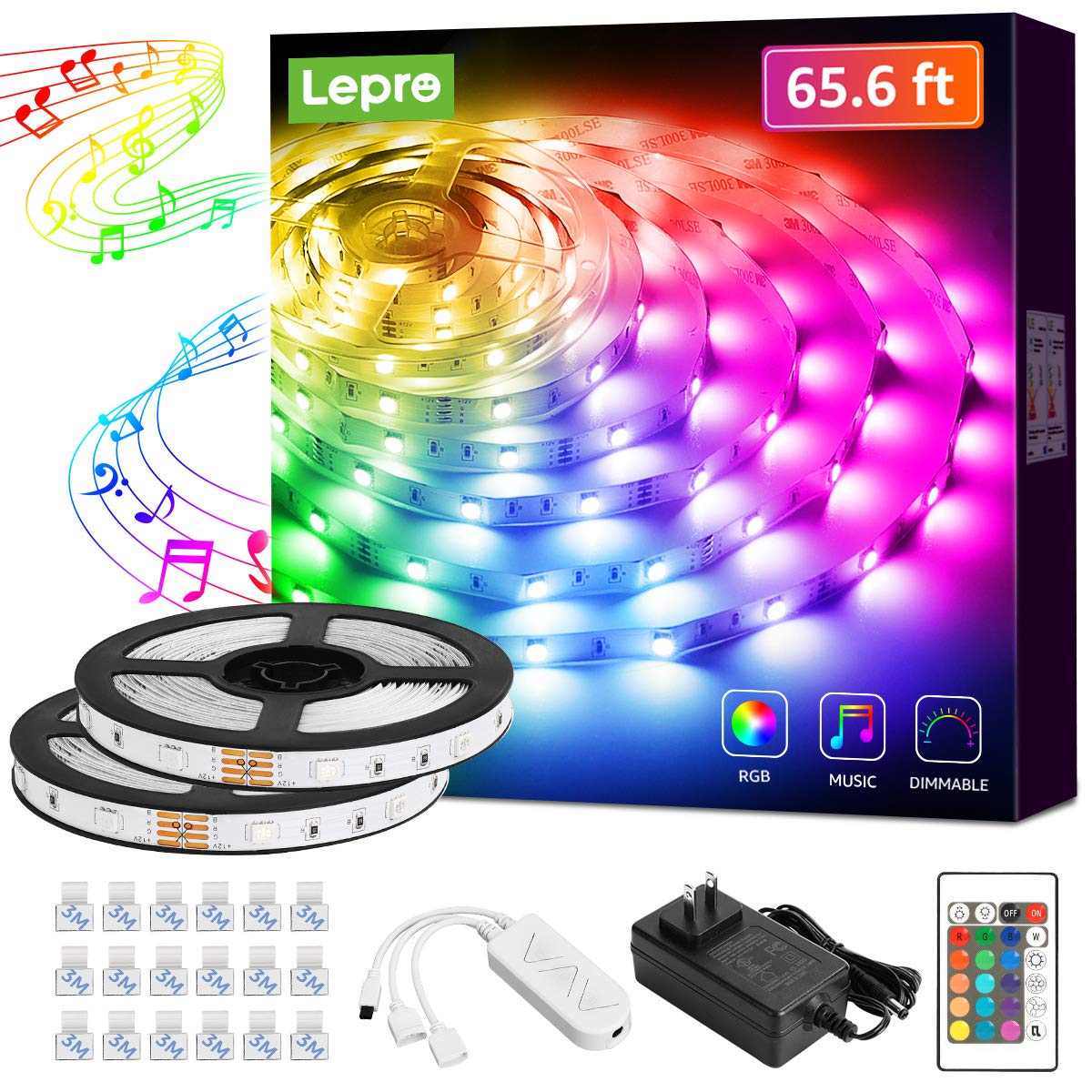 Lepro LED Strip Lights, 65.6ft Music Sync LED Lights Strip with Remote, RGB Color Changing Light Strip for Bedroom, Living Room, Kitchen and More, 32.8ft*2