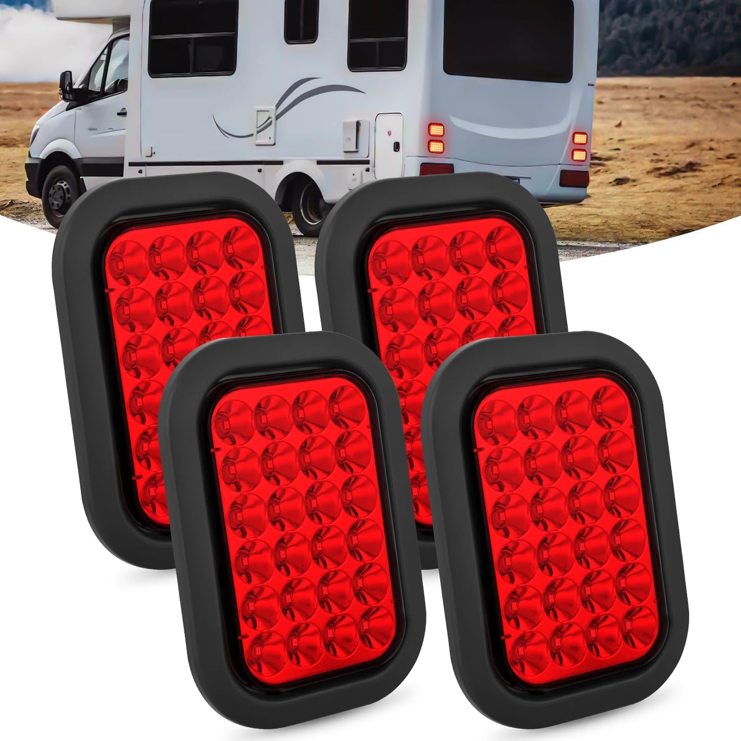 Nilight 5” X 3” Rectangular Trailer Tail Light 4 PCS Red 24 LED Stop Brake Turn Marker Lights w/Flush Mount Grommets Plugs IP67 Waterproof for 12V Truck ATV UTV Bus RV Camper