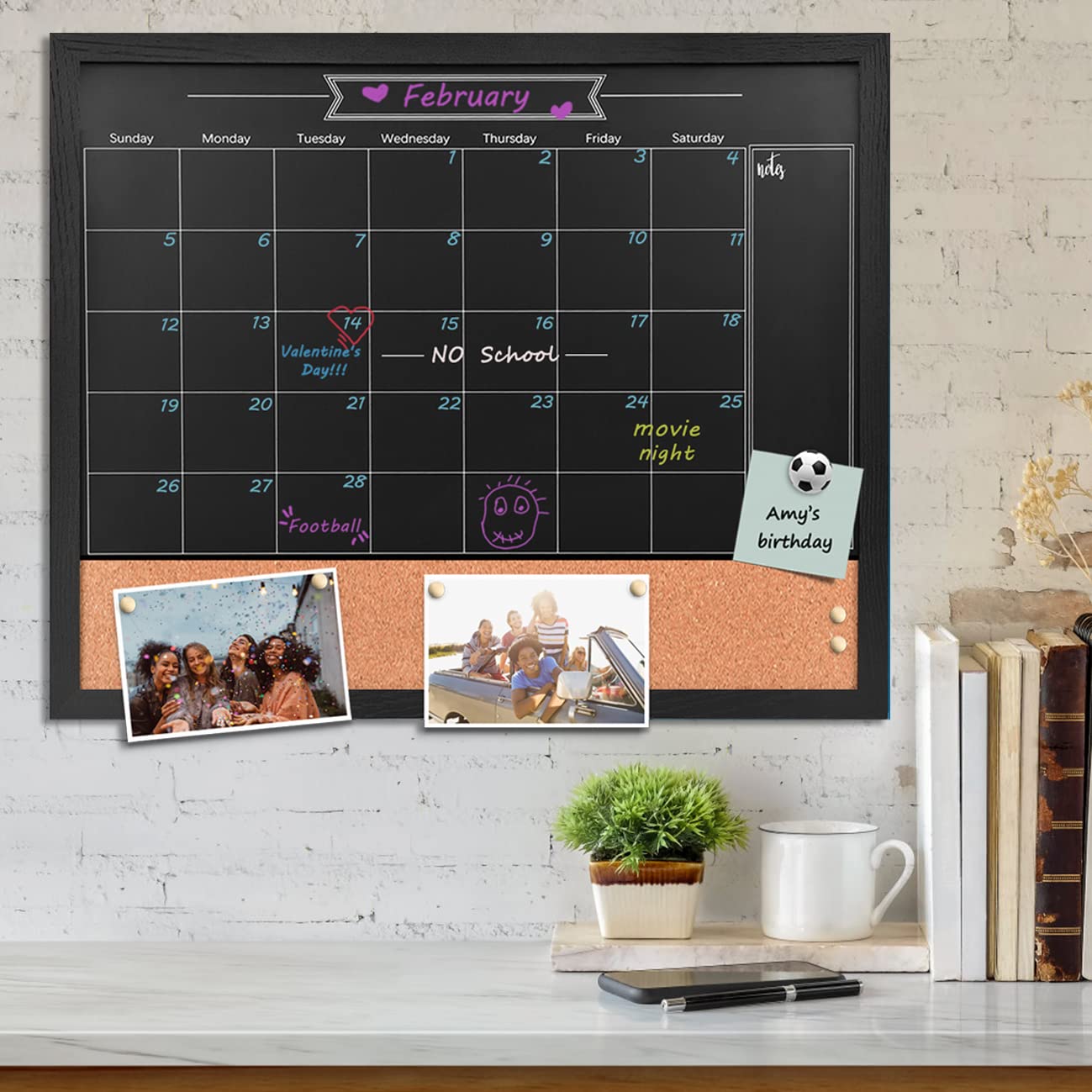 Umtiti Chalkboard Calendar and Bulletin Combo Board. Black Solid Wood Frame，Magnetic Chalkboard.Perfect for Office, Home School Message Board，BK-4555-CA