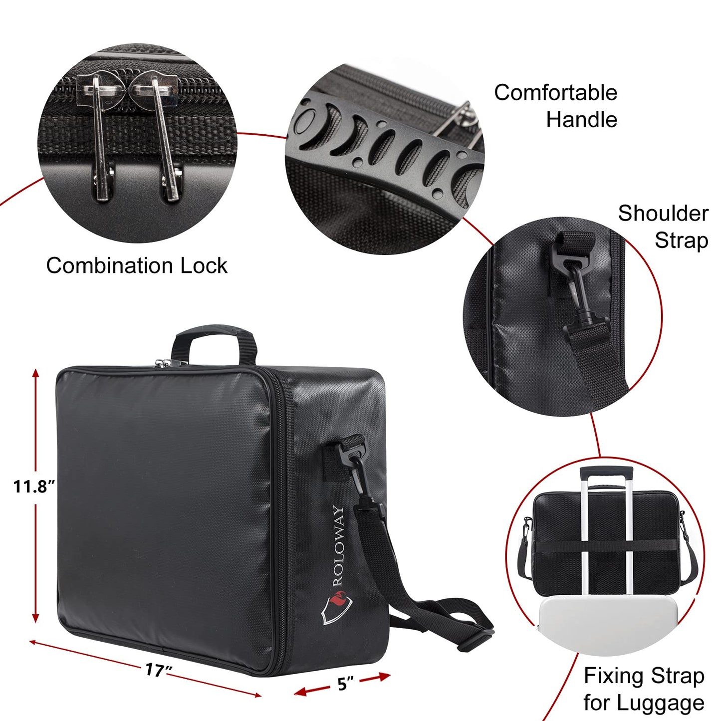 ROLOWAY-Fireproof Document Bag with Lock, Fireproof Document Safe Organizer, Fireproof File Storage Bag, Fireproof Bag with Multi Layer Portable File Organizers for Travel Black