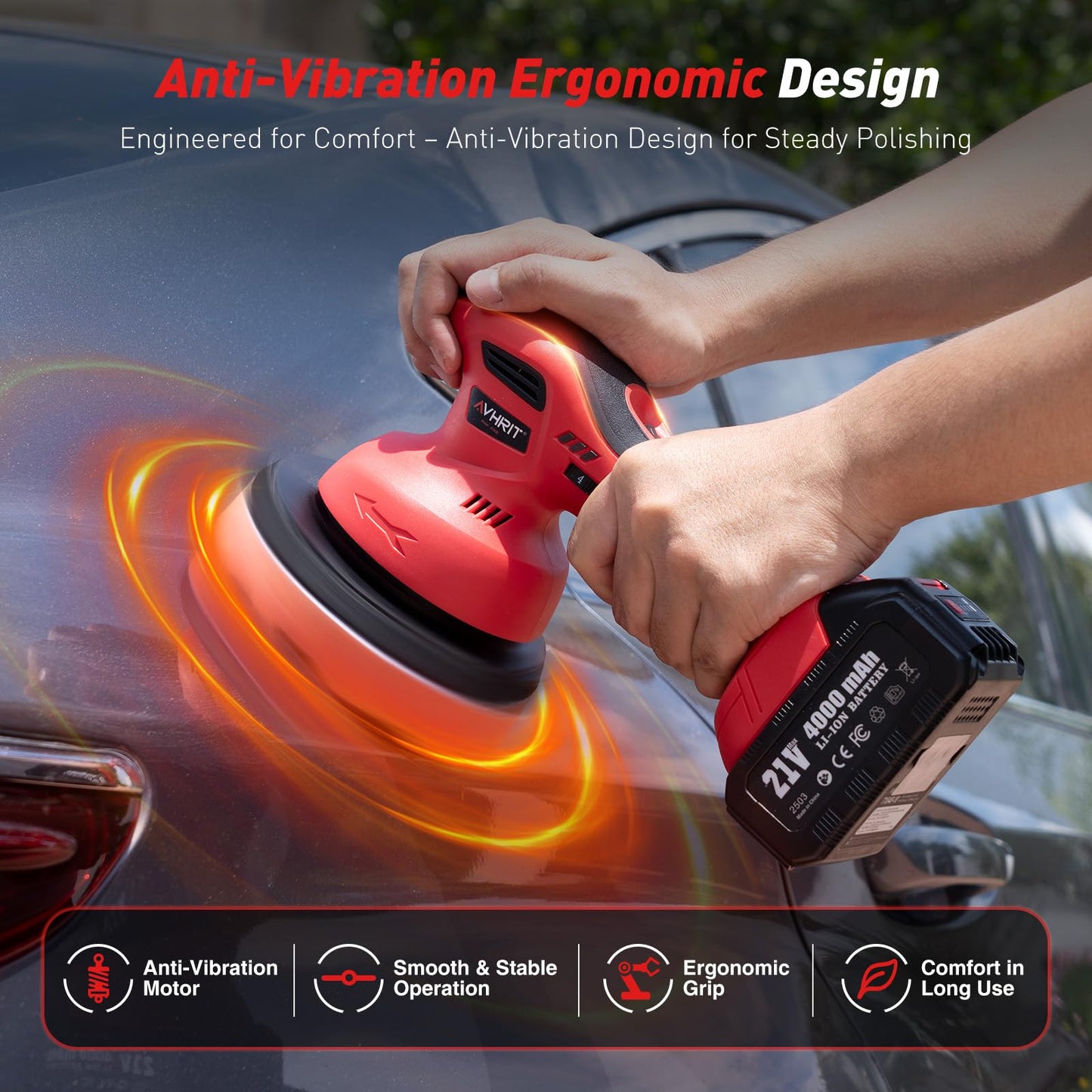 Cordless Car Polisher, 4000mAh 21V Batteries, 6- Inch Car Polishing Machine, 8mm Orbita Car Buffer Waxer Kit, 6 Variable Speeds for Scratch Detailing, Boat Care, Waxing