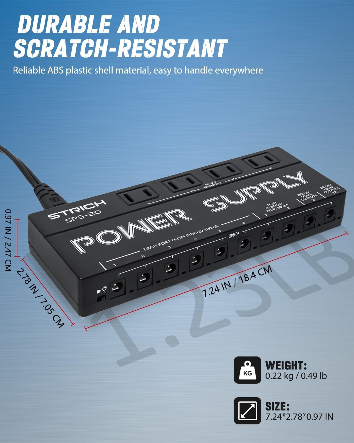 STRICH SPS-20 Guitar Pedal Power Supply, 10 Independent DC Output for 9V/12V/18V Guitar Bass Effect Pedals, 100mA 500mA Pedalboard Power Supply with Short Circuit Protection