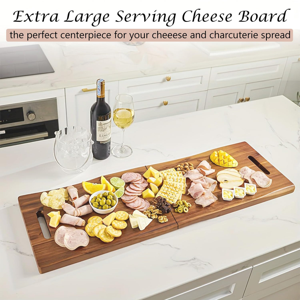 33" Large Charcuterie Board with Handles,Acacia Wooden Cheese Serving Board Kitchen Platter Party Charcuterie for Appetizers Food Bread Meat Fruit Display