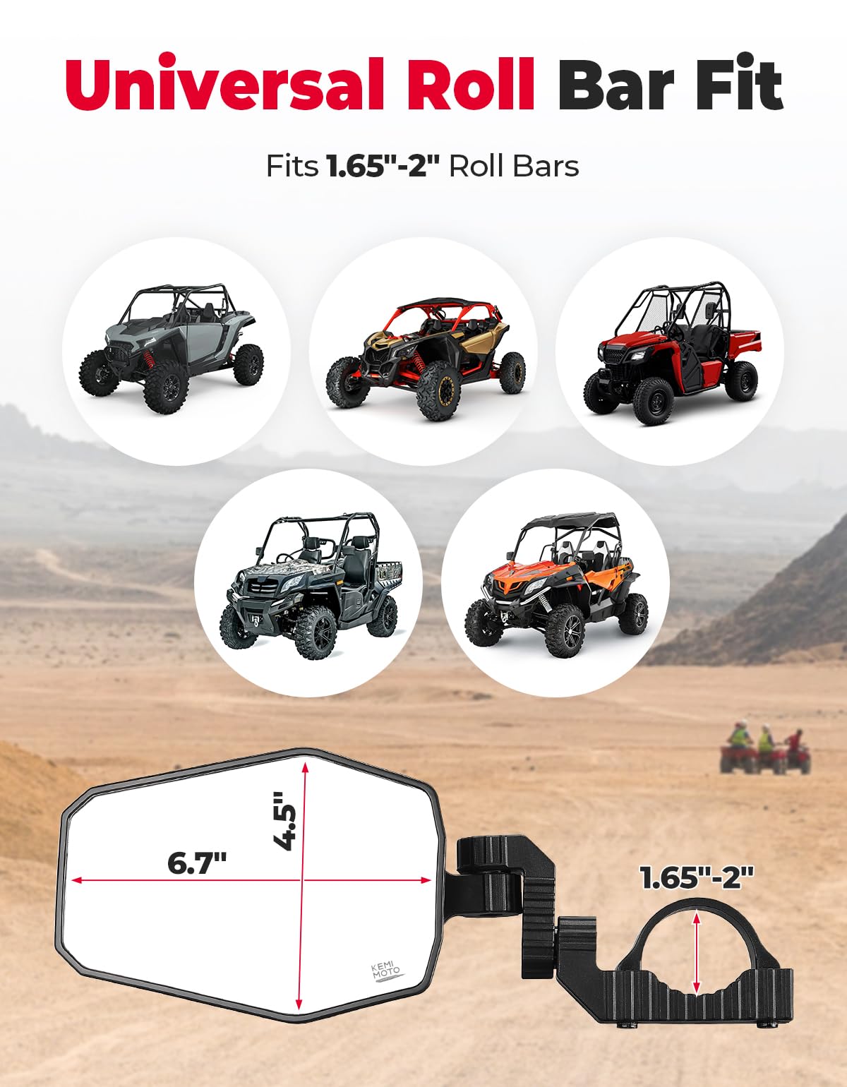 KEMIMOTO UTV Side Mirrors, UTV Mirrors for 1.65"-2" Roll bar, Adjustable Mirror Compatible with Polaris RZR, Can Am Maverick X3, Pioneer, Talon, Teryx, Gator, CFMOTO