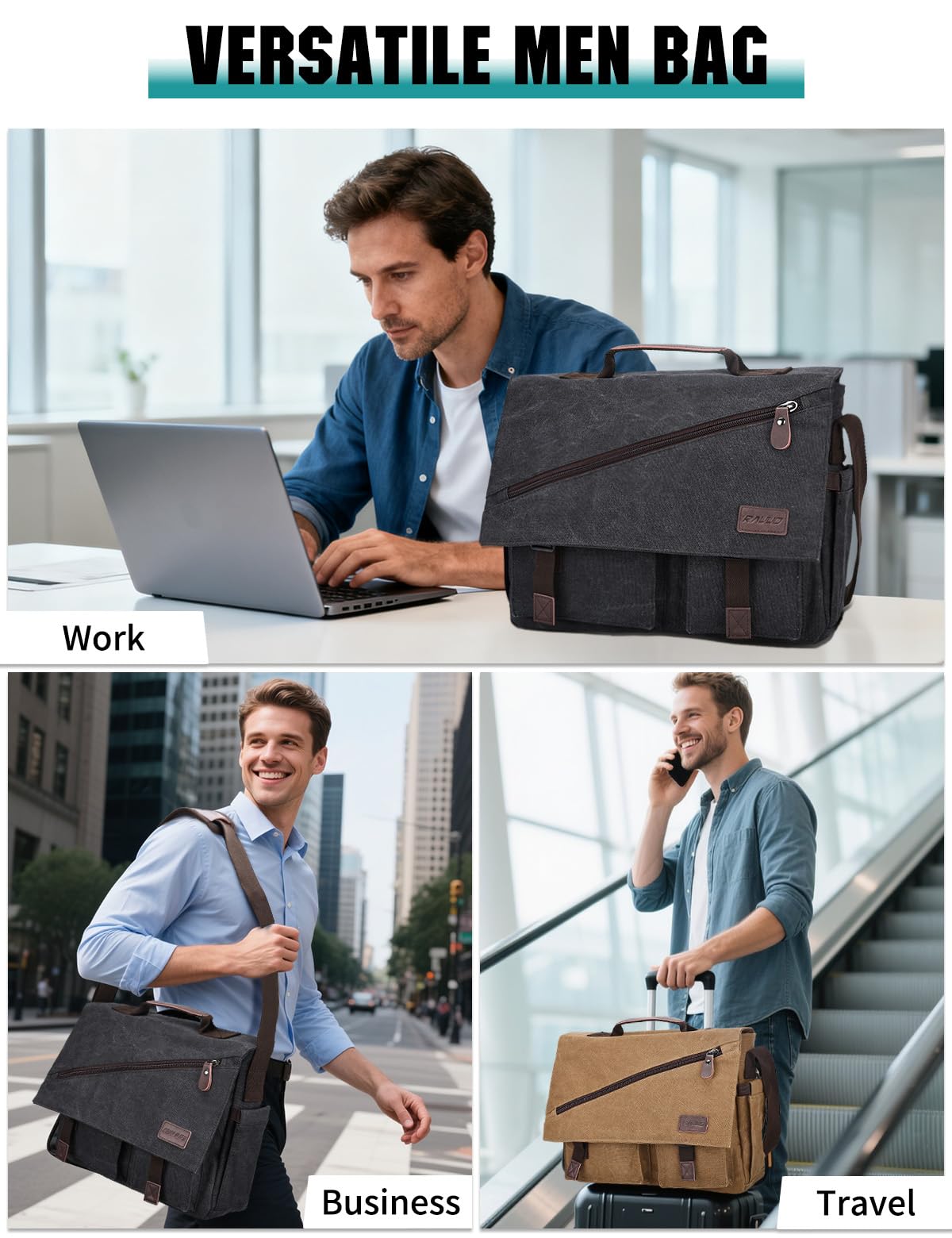 RAVUO Messenger Bag for Men, Water-Resistant Canvas Satchel Briefcase, Fits 15.6 Inch Laptop, Padded Strap, Large Capacity Laptop Bag for Work, Business, College-Black