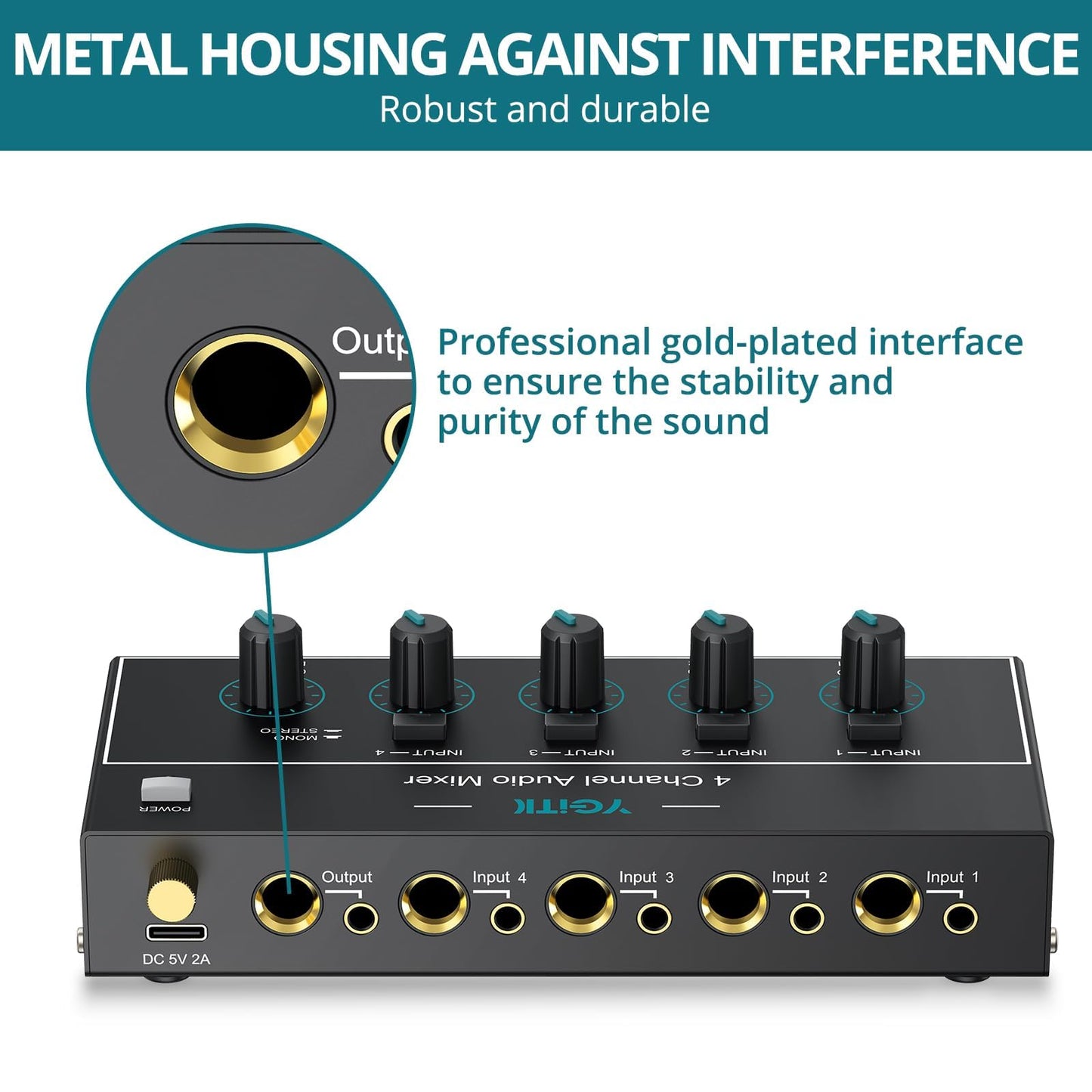 4 Channel Audio Mixer, Mini Karaoke Mixer, 3.5mm&6.35mm I/O Interface, Mono/Stereo Mixer, Independent Control and Switch, Sound Mixer for Guitars, Bass, Keyboards, Stage, Dynamic Microphone