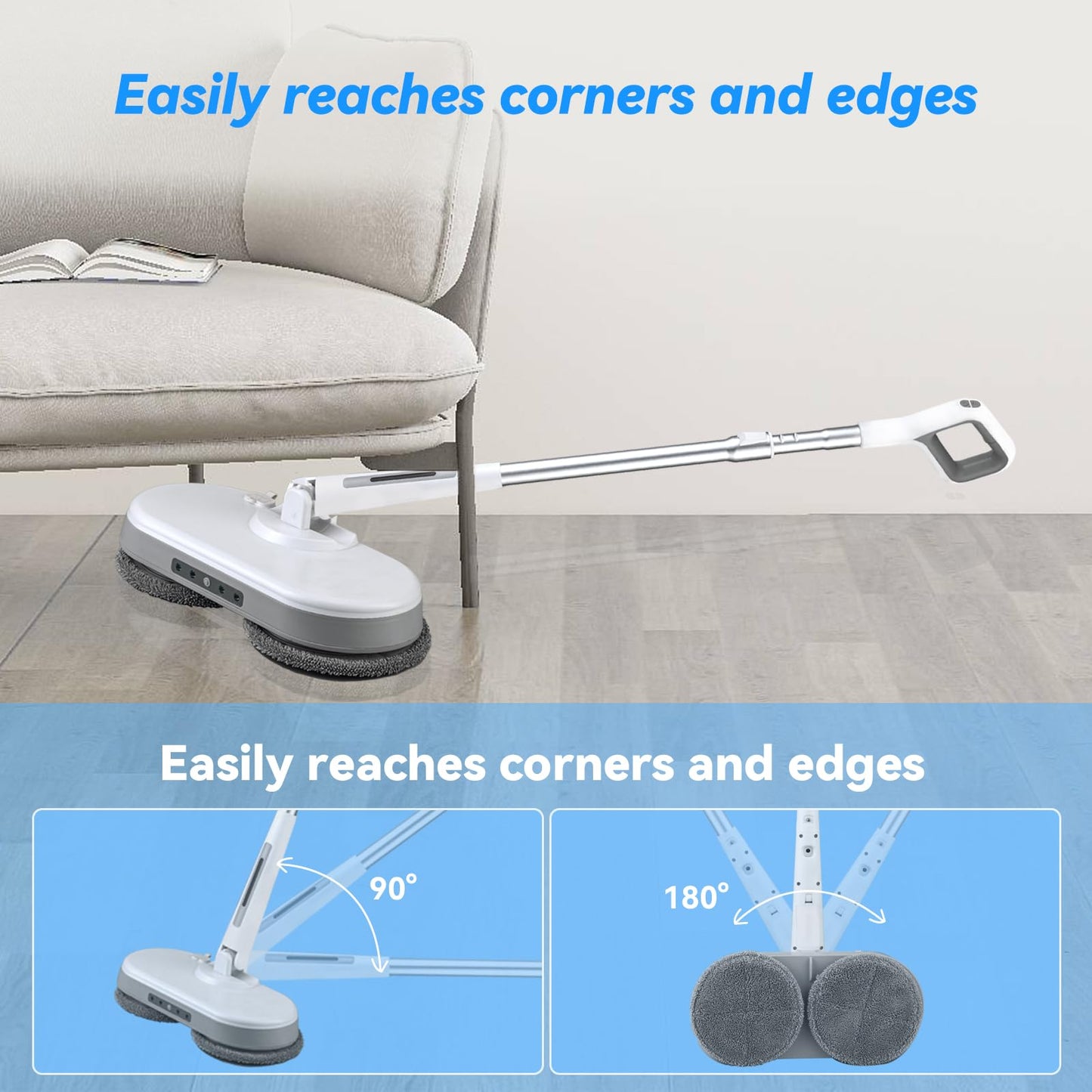 Cordless Electric Mop, Dual Motor Powerful Spin Mop 2000 mAh, Floor Polisher,1H Rechargeable Power Mops with LED Light/Water Sprayer, Electric Mops for Floor Cleaning for Hardwood, Tile, Rotate 180°