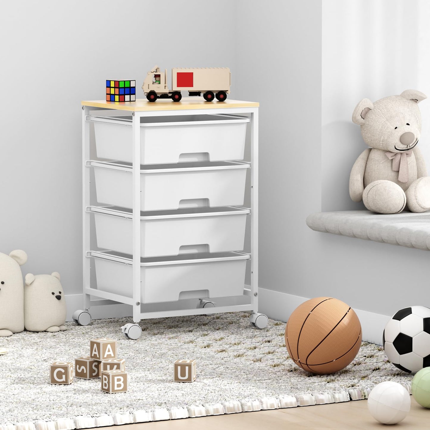 SYKIARIOL Utility Cart with 4 Drawers,Rolling Storage Cart with Drawers,Storage Rolling Drawer Cart with Wooden Tabletop for Bedroom,Kid's Room,Dorm,Classroom,Office,Bright White