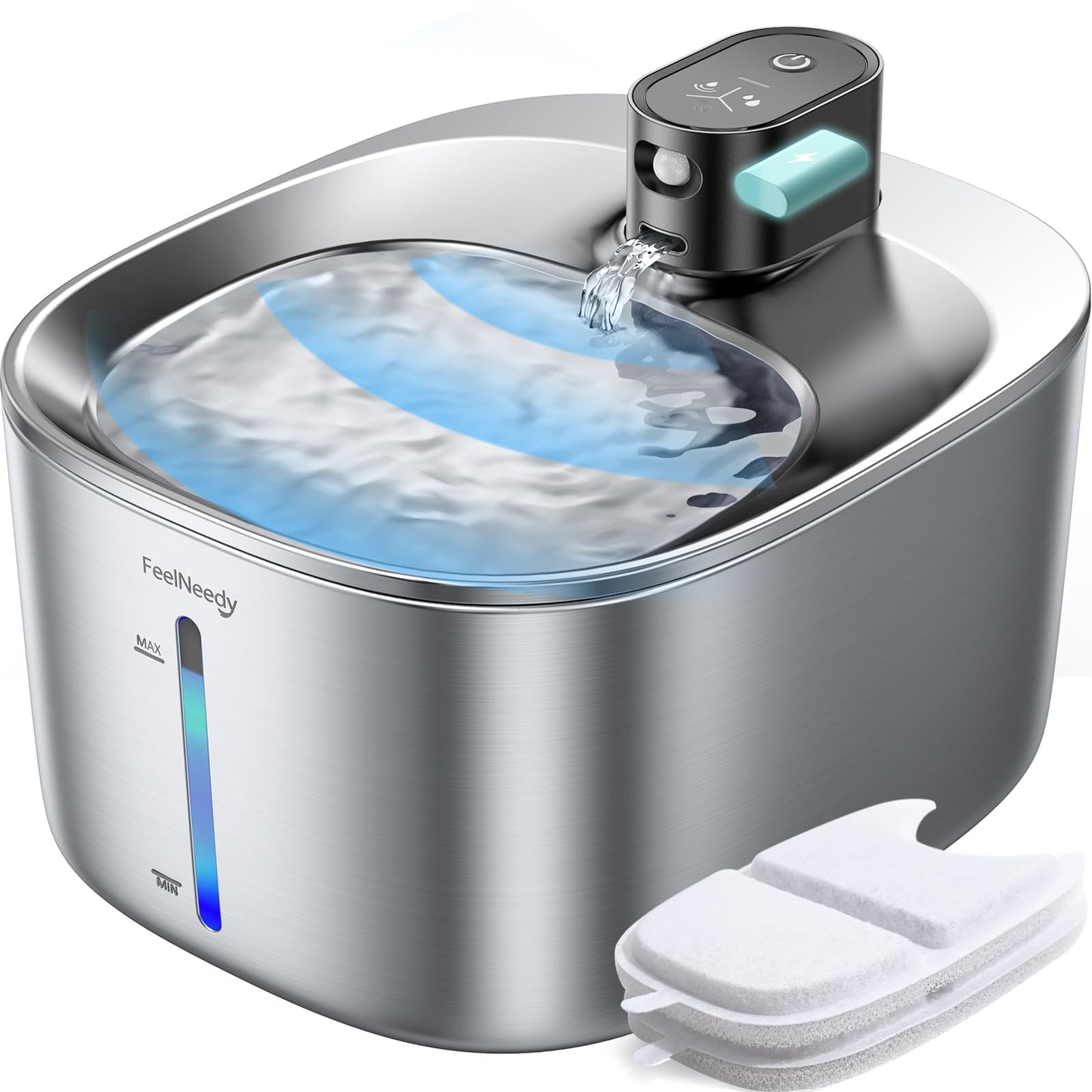FEELNEEDY Cat Water Fountain Battery Operated, 4L/135 fl oz Stainless Steel Pet Water Fountain for Cats and Dog with Motion Sensor, Wireless Ultra Quiet Cat Drinking Fountain Waterfall with 2 Filters Replacement (YPD-C004S)