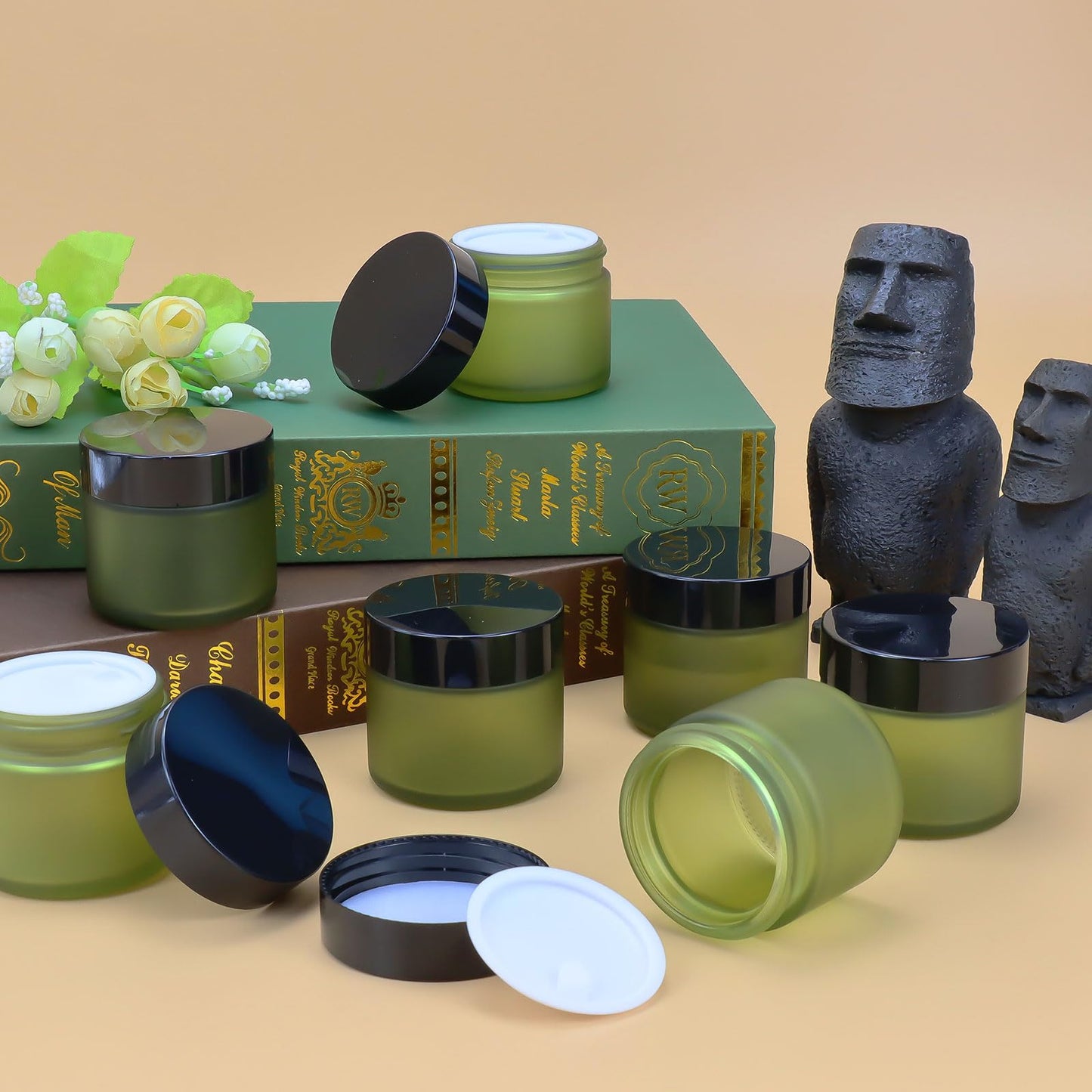 32 Pcs 2 oz Glass Jars with Lids Travel Size Round Leakproof Empty Cosmetic Jars with Inner Liners Lid for Storing Makeup Lotions Face Cream Ointments Candle DIY Making (Bean Green)