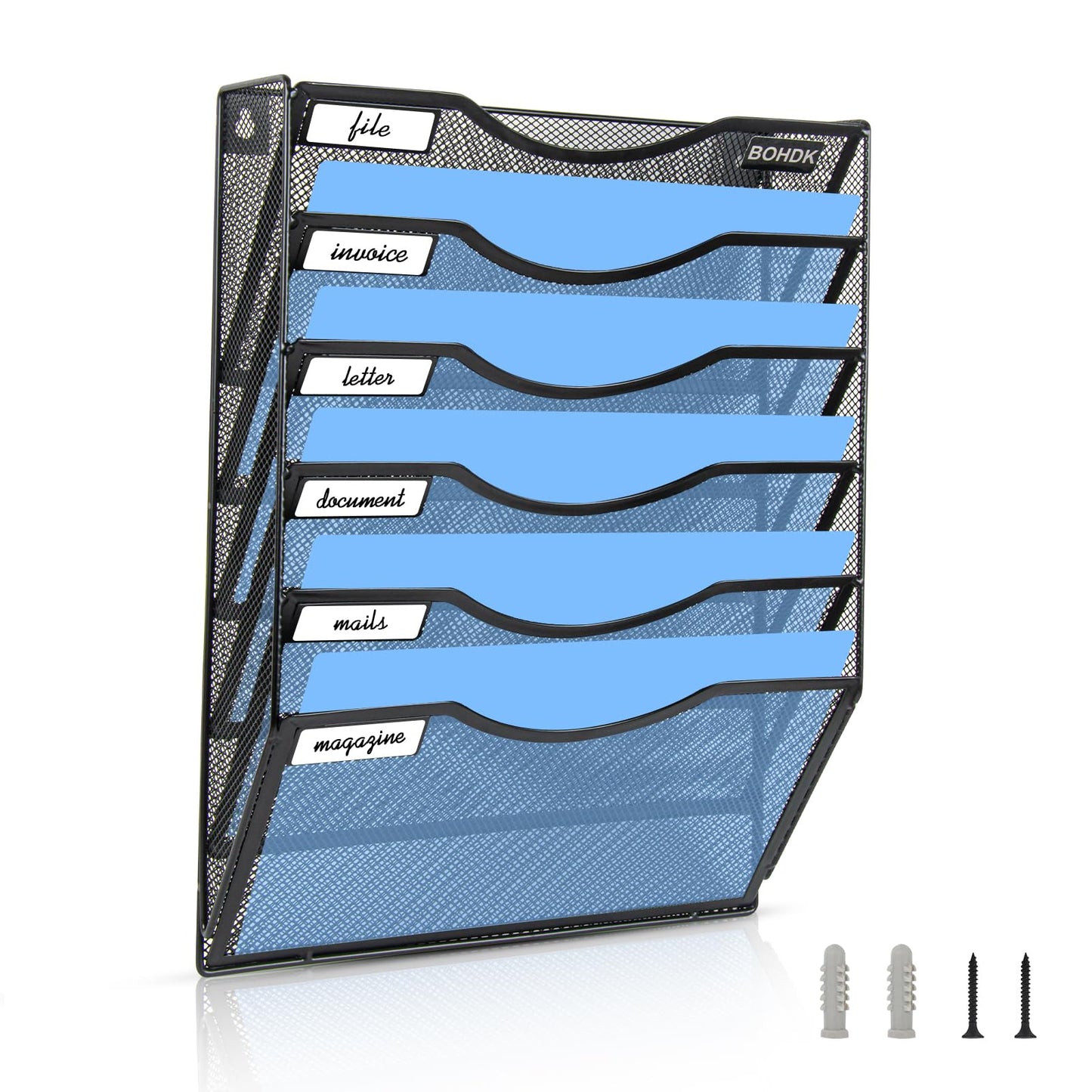 BOHDK Wall File Organizer, 6 Tier Hanging File Folder Mail Organizer, Vertical Mesh Metal Wall Mount Hanging File Holder, Paper Document Magazine Rack for Home Office Black