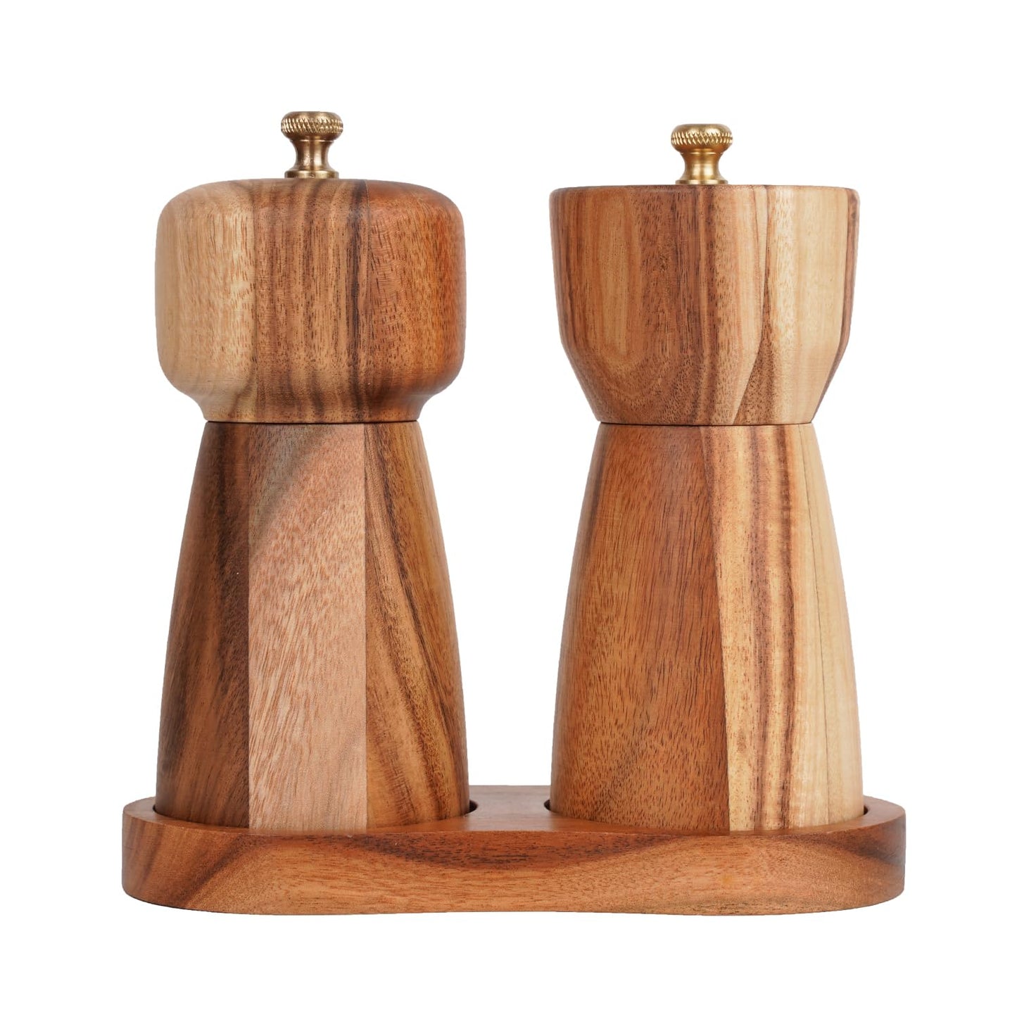 DeroTeno Salt and Pepper Mill Set with Tray, Adjustable Ceramic Grinder Salt Mill, Stainless Steel Grinder Pepper Mill, Acacia Wood, 14 cm/ 5 Inch Height, Bottom Dia 6 cm /2.36 inch
