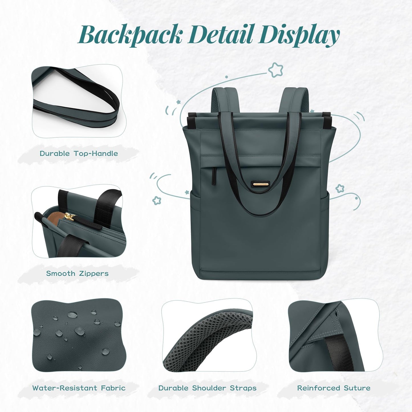 Convertible Laptop Backpack for Women Casual Daypack Notebook Tote Bag for Work College Travel Leisure (Atrovirens)