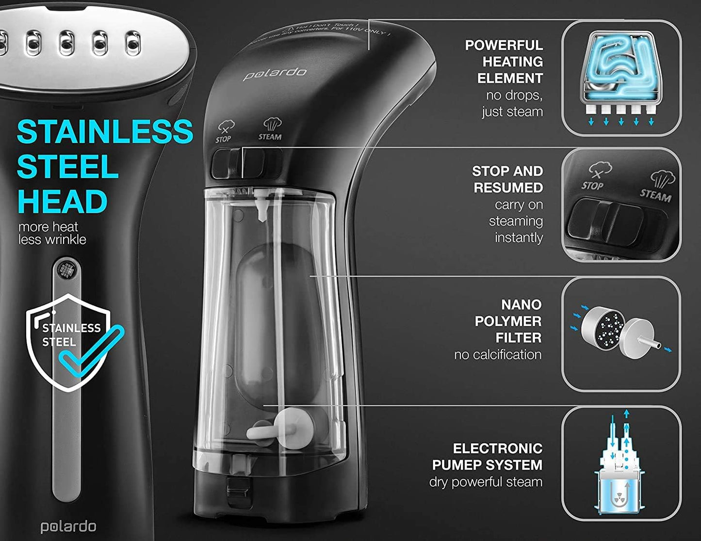 Steamer for Clothes, Best Portable Travel and Home Garment Steamer, Metal Steam Head, 25s Heat Up, Pump System, Mini Size, Large Water Tank, Handheld Steamer for Any Fabrics, No Water Spitting, 110V